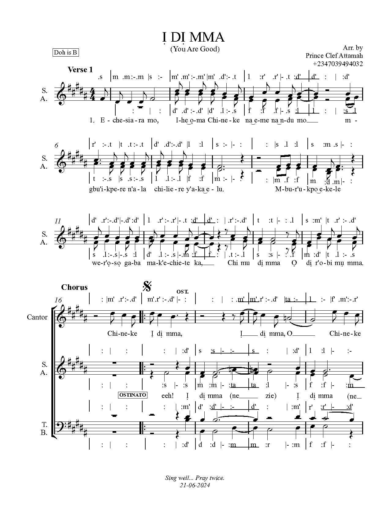 I Di Mma (you Are Good) - Arr By Prince Clef Attamah - Download Choir Script PDF