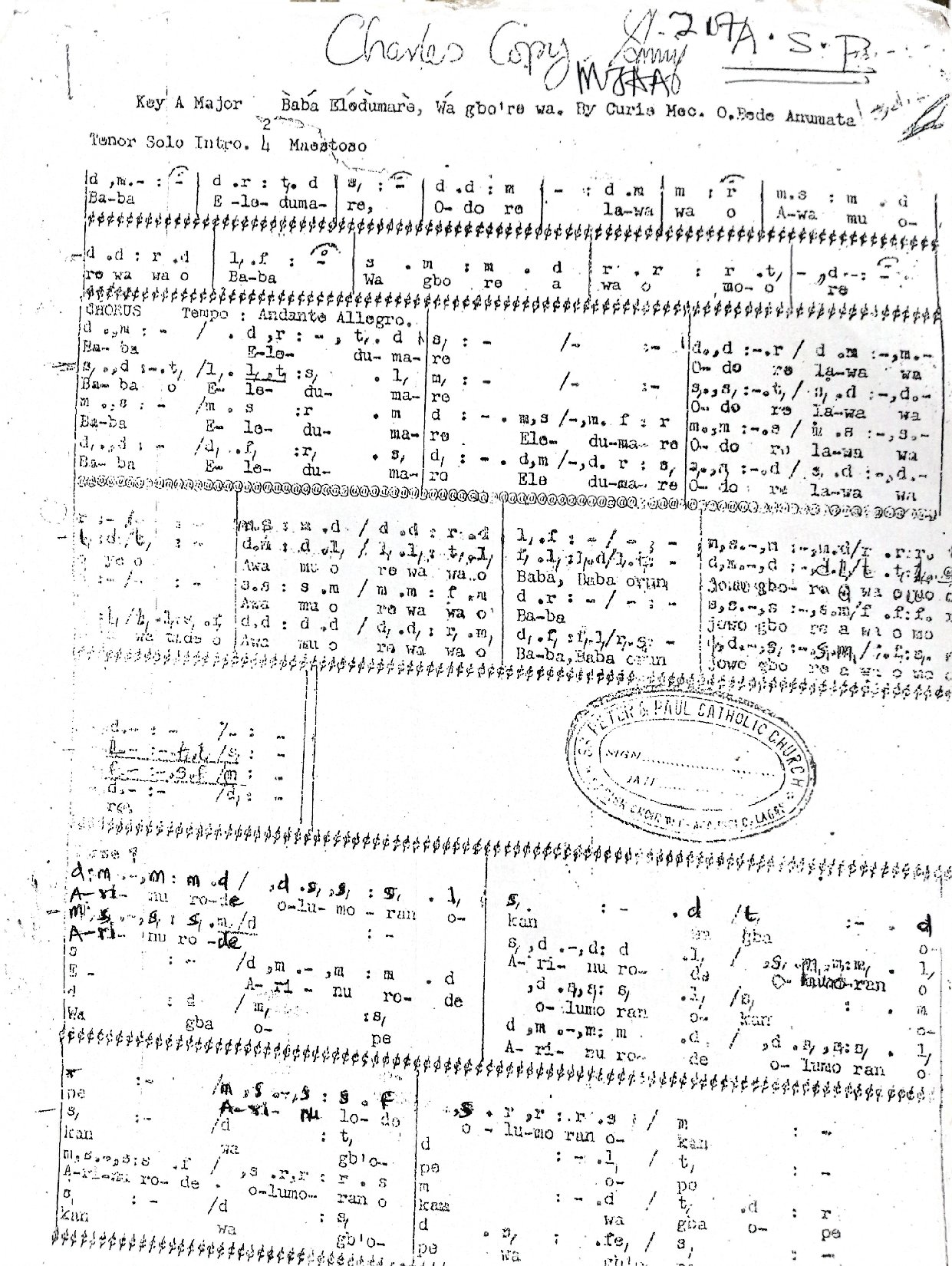 Baba Eledumare Wa Gbo Re Wa - Download Choir Script PDF