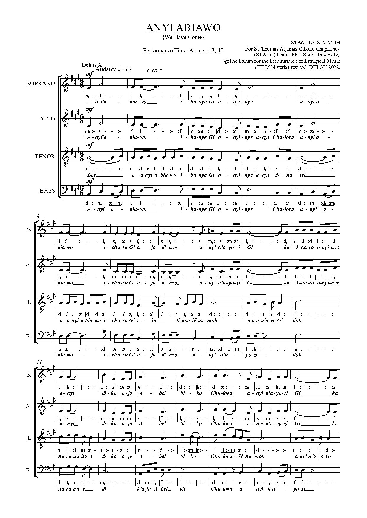 Anyi Abiawo - Stanley Anih - Download Choir Script PDF