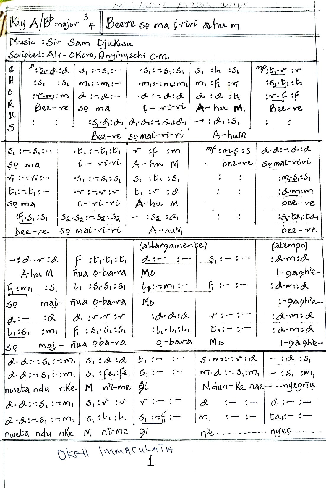Beere Sọ Ma Iriri Ahụ M By Sam Ojukwu - Download Choir Script PDF