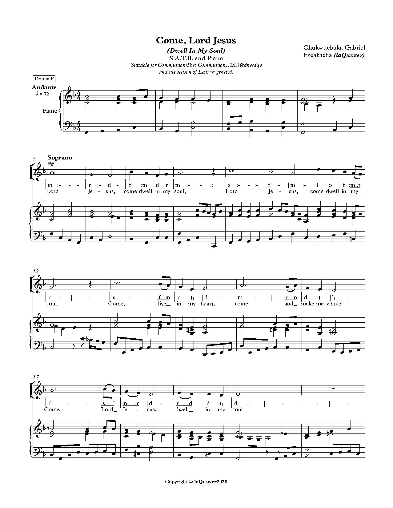 (Com-Lent) Come, Lord Jesus (dwell In My Soul-solfa) - Download Choir Script PDF