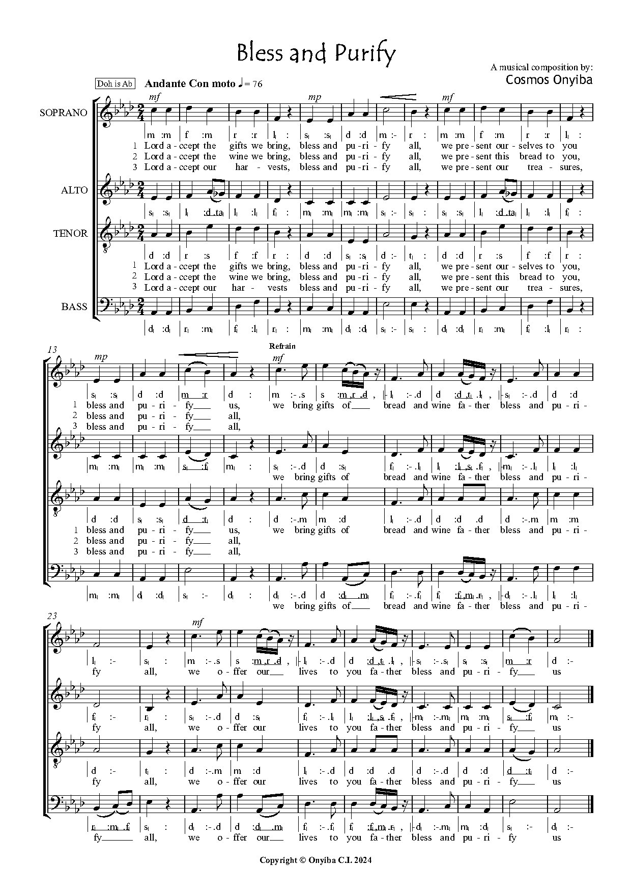 Bless And Purify By Cosmos Onyiba - Download Choir Script PDF