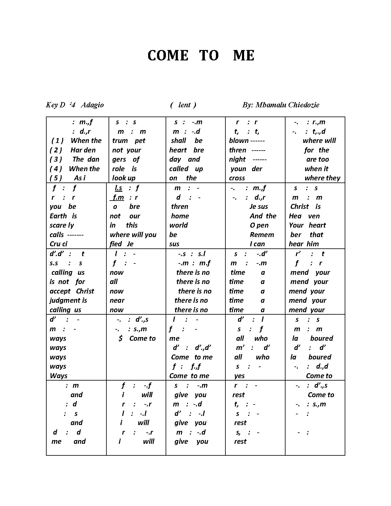 (Com-Lent) Come To Me (mbamalu Chiedozie) - Download Choir Script PDF