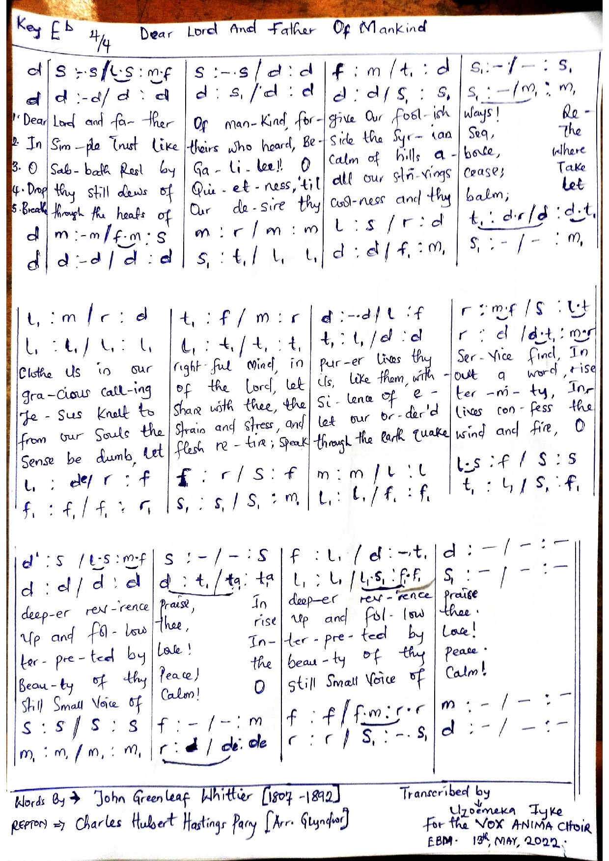Dear Lord And Father Of Mankind - Download Choir Script PDF