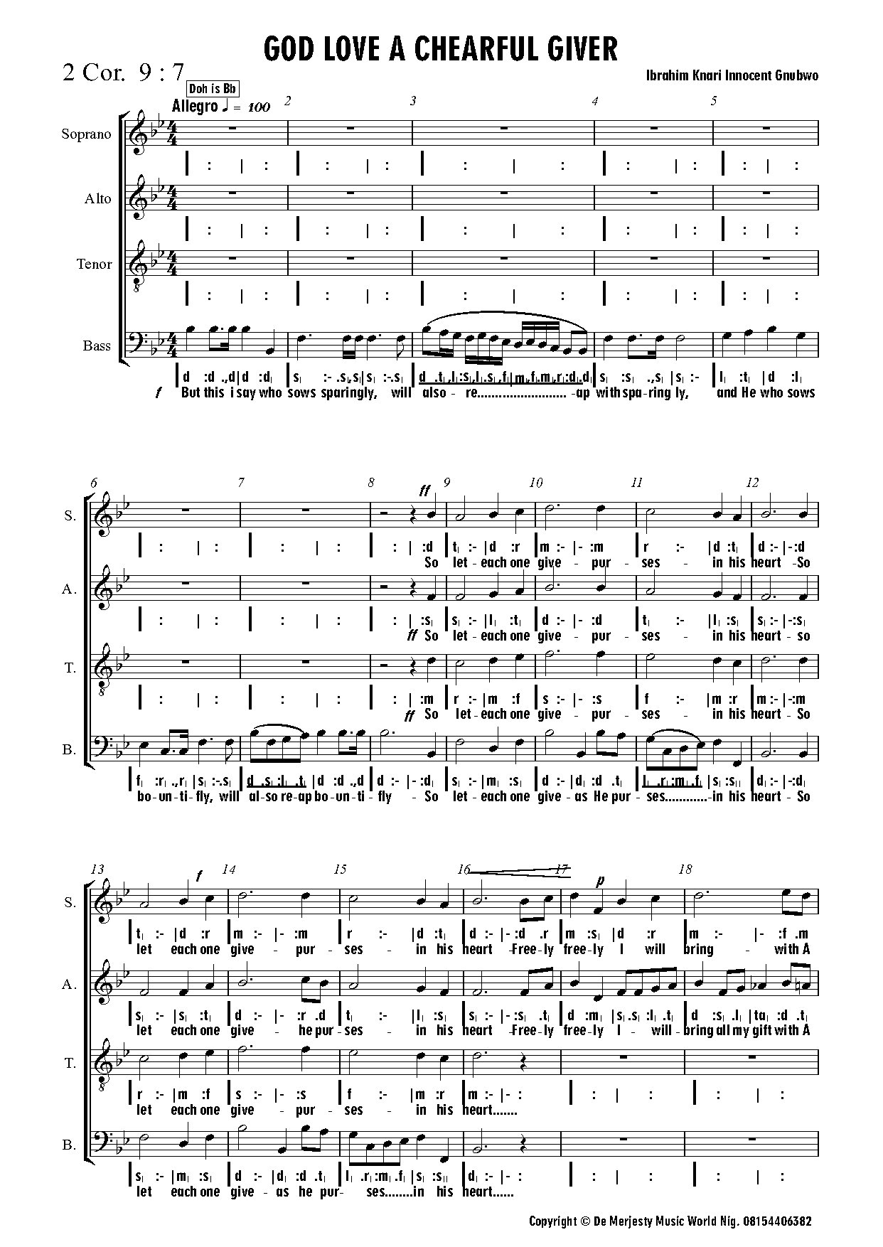God Love A Chearful Giver - Full Score - Download Choir Script PDF