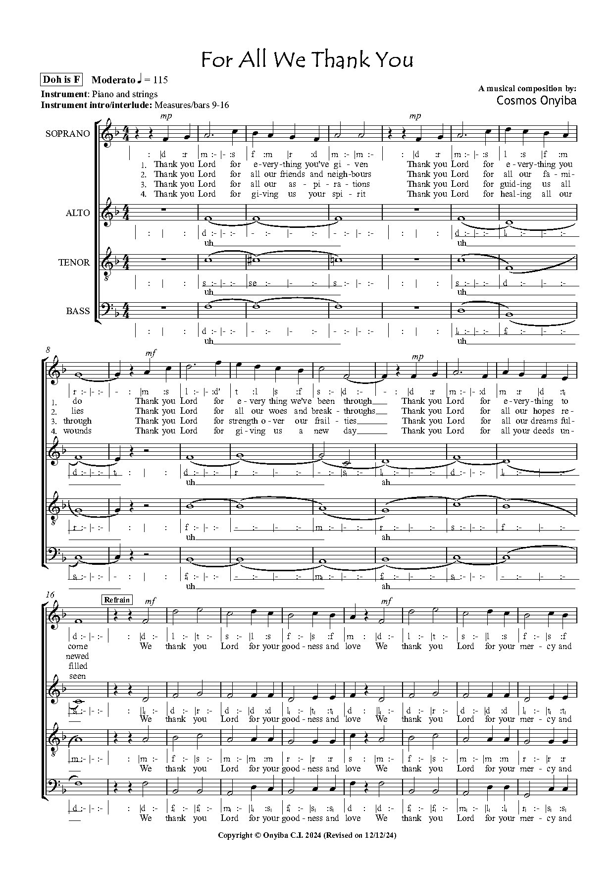 For All We Thank You (revised) By Cosmos Onyiba - Download Choir Script PDF