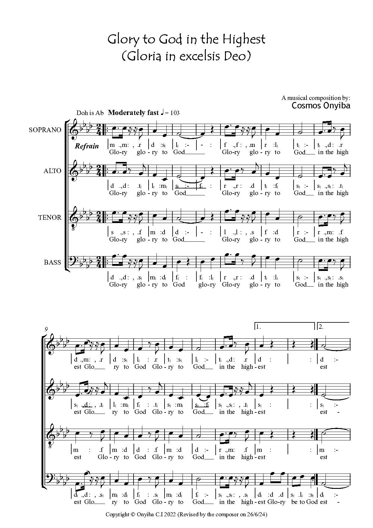 Glory To God In The Highest (revised) By Cosmos Onyiba - Download Choir Script PDF