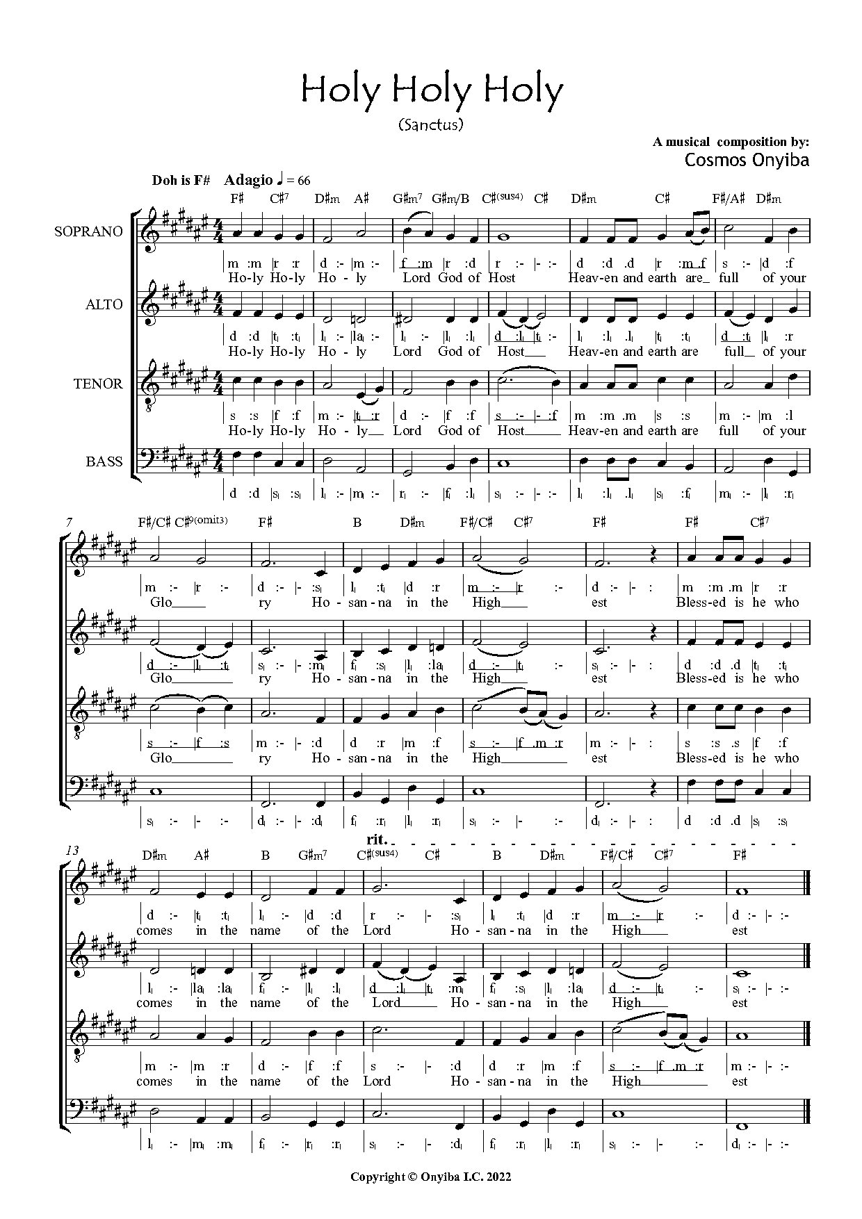 Holy Holy Holy (sanctus) By Cosmos Onyiba - Full Score - Download Choir Script PDF