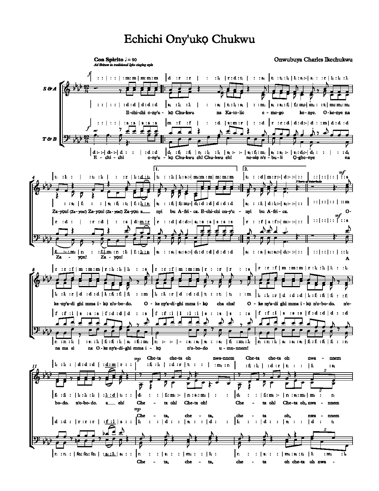 Echichi Ony'ukọ Chukwu (voice Score) - Download Choir Script PDF