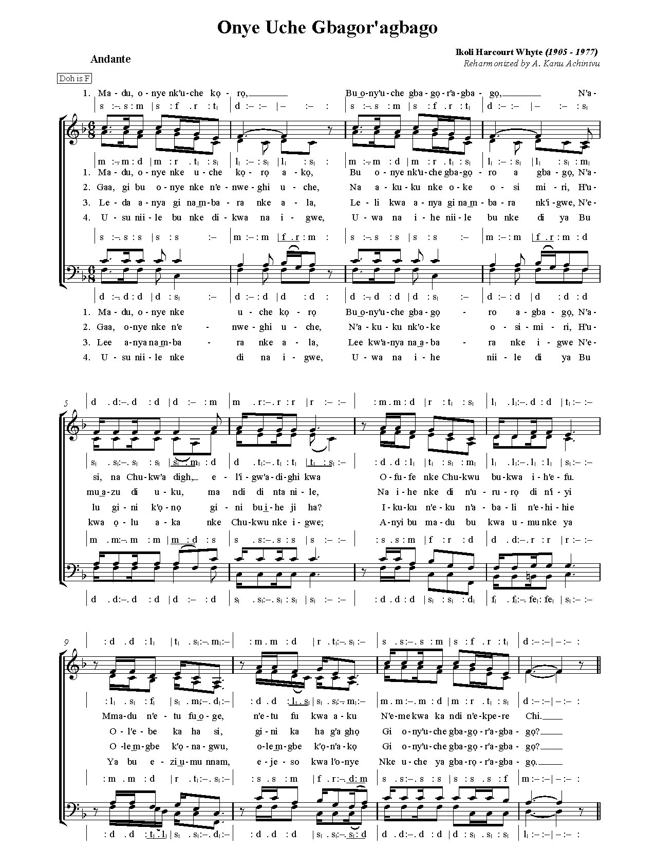 Harcourt Onye Uche Gbagor'agbago - Download Choir Script PDF