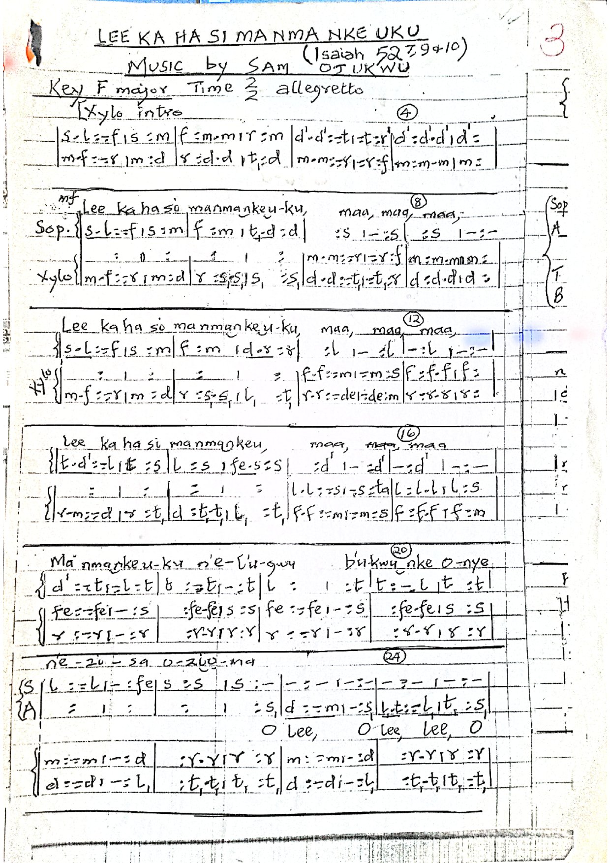 Lee Ka Ha Si Maa Nma - Sam Ojukwu - Download Choir Script PDF