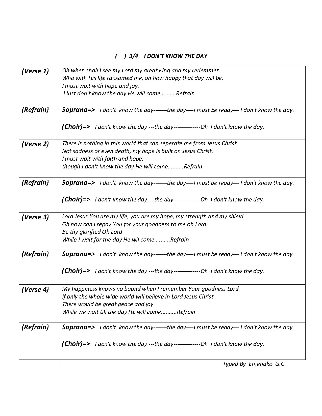 I Don't Know The Day - Download Choir Script PDF