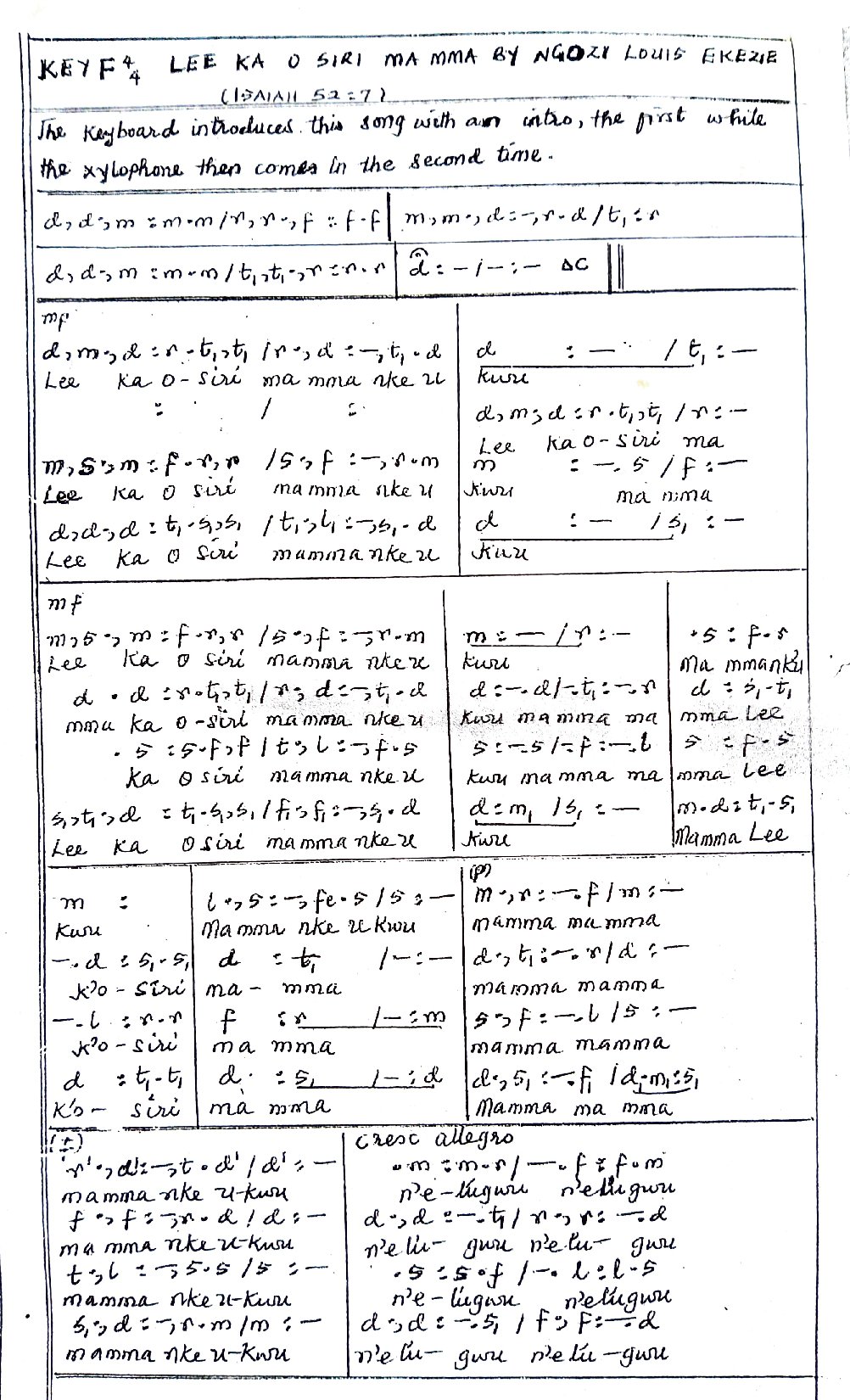 Lee Ka O Siri Maa Mma By Louis Ekezie - Download Choir Script PDF