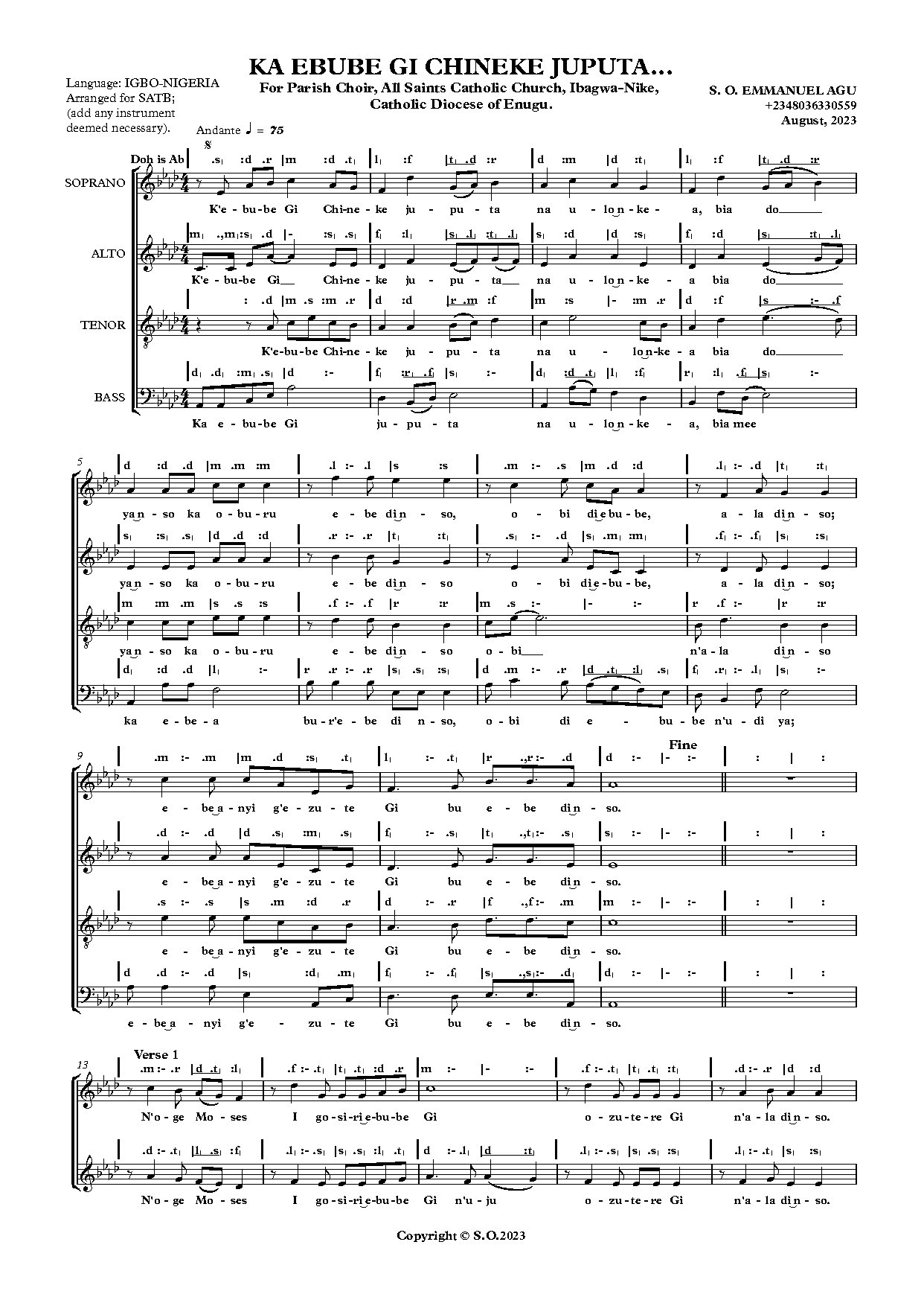 Ka Ebube Gi Juputa N'ulo Nkea. - Full Score - Download Choir Script PDF