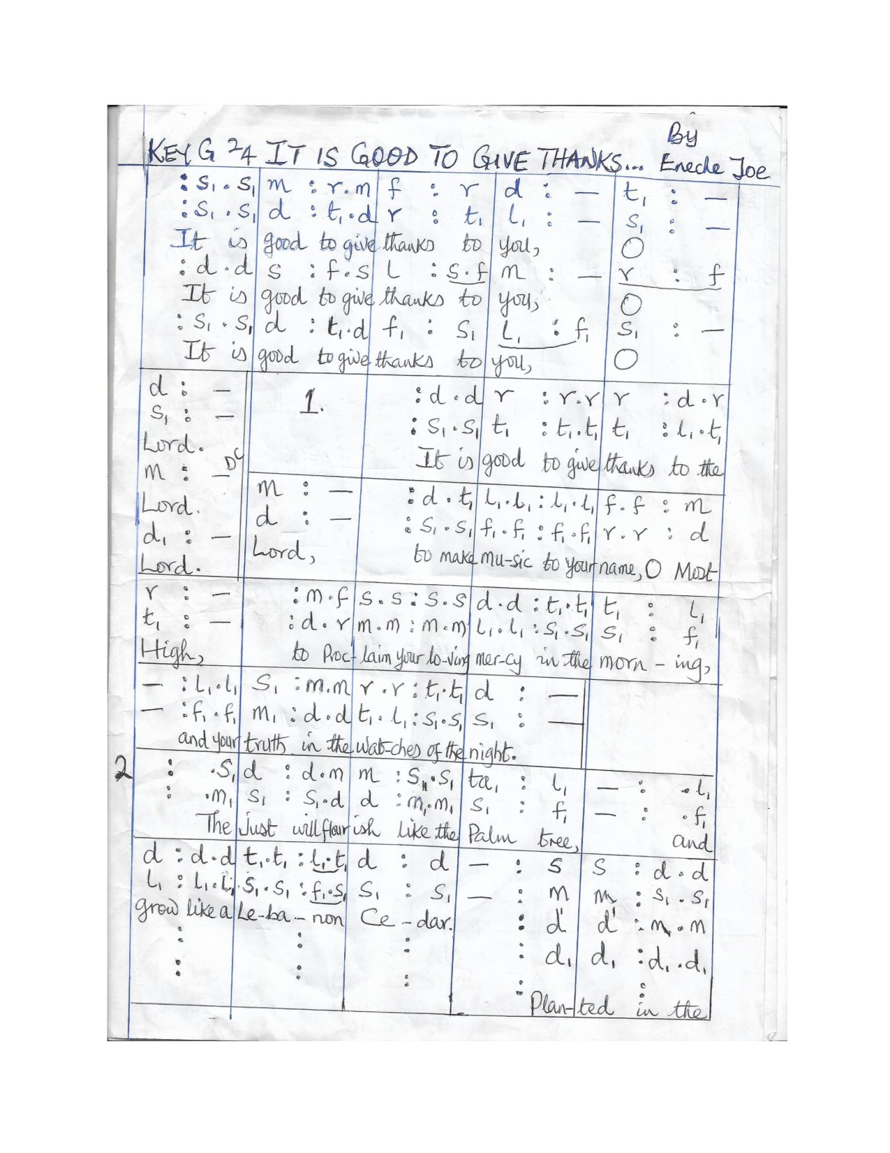 It Is Good To Give Thanks ... By Eneche Joe - Download Choir Script PDF