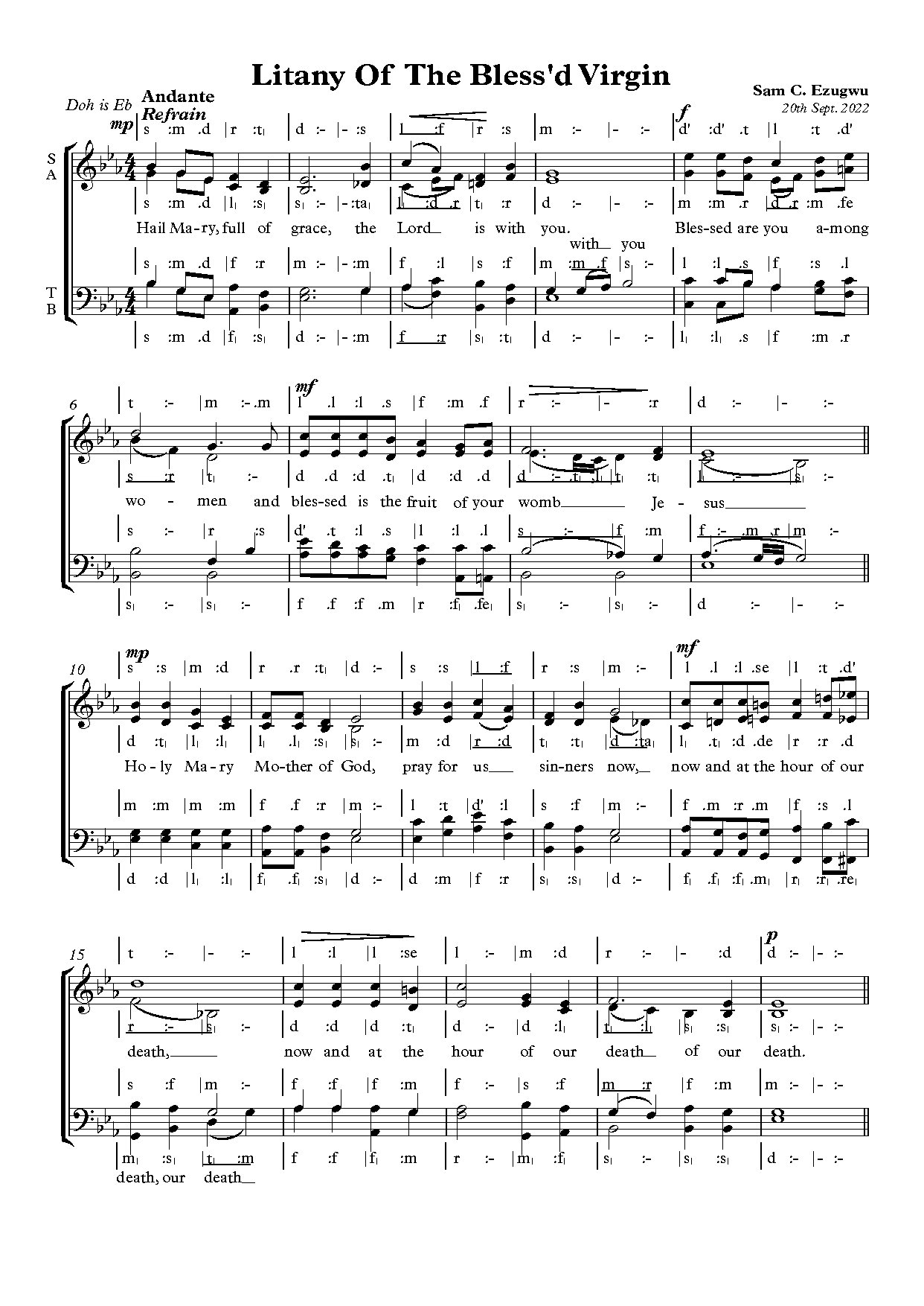 Litany Of The Blessed Virgin Vocal Score - Download Choir Script PDF