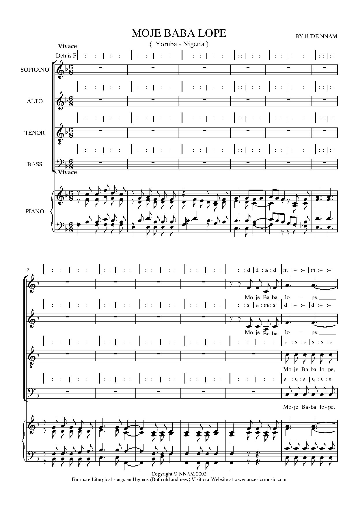 Moje Baba Lope (offertory) ~ Jude Nnam - Download Choir Script PDF