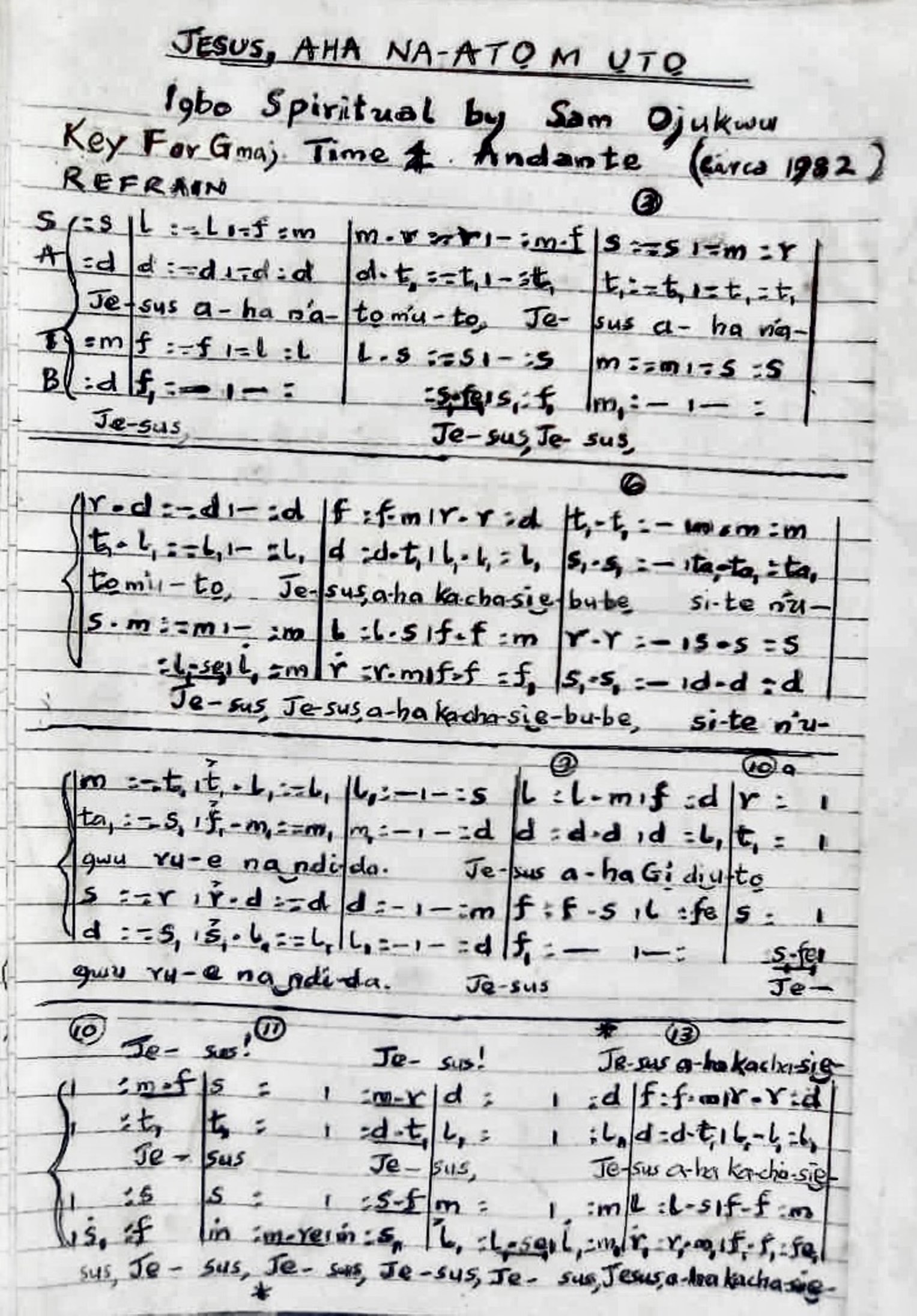 Jesus Aha Na-ato M Uto - Sir Sam Ojukwu - Download Choir Script PDF