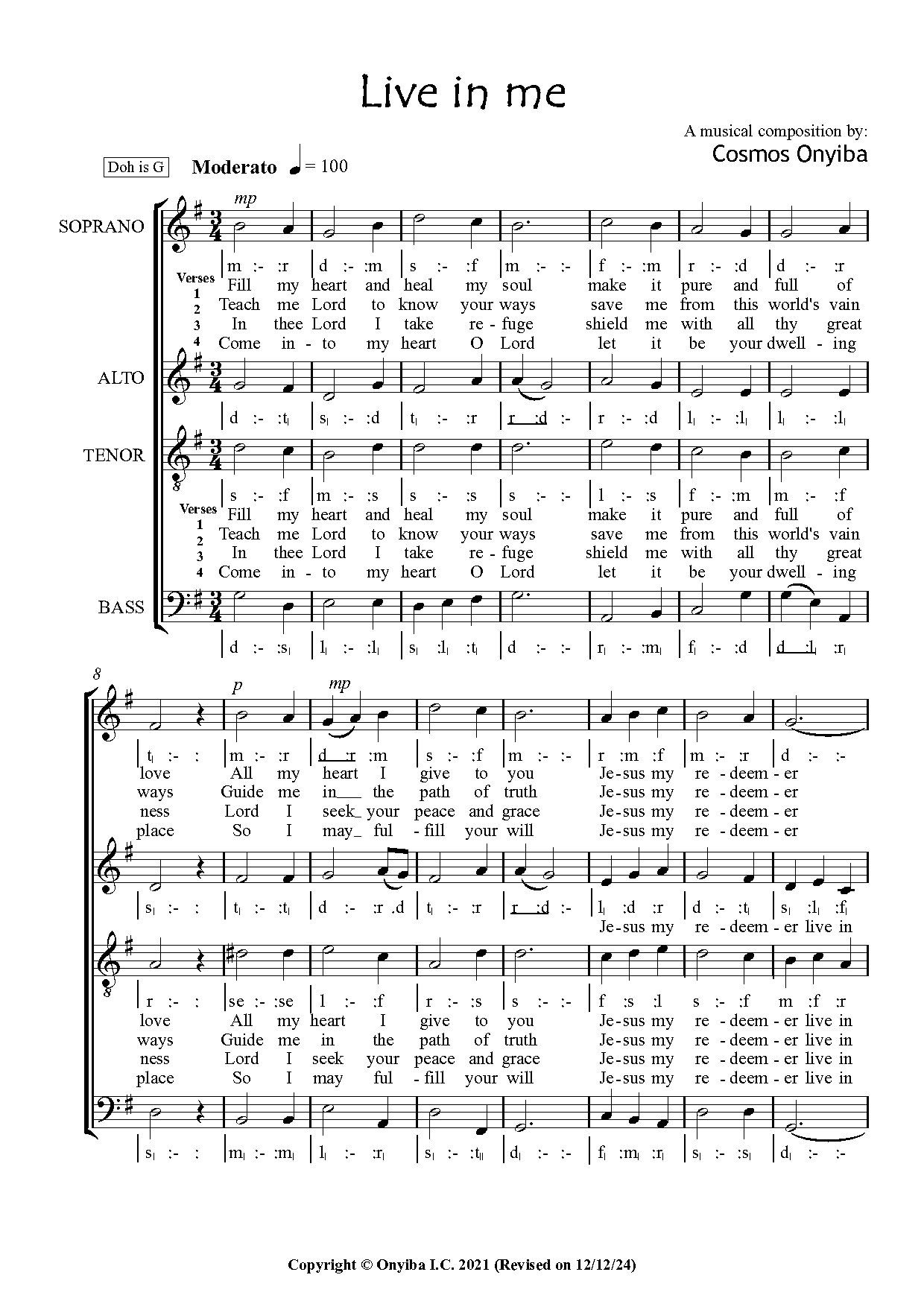 Live In Me (revised Updated) By Cosmos Onyiba - Download Choir Script PDF