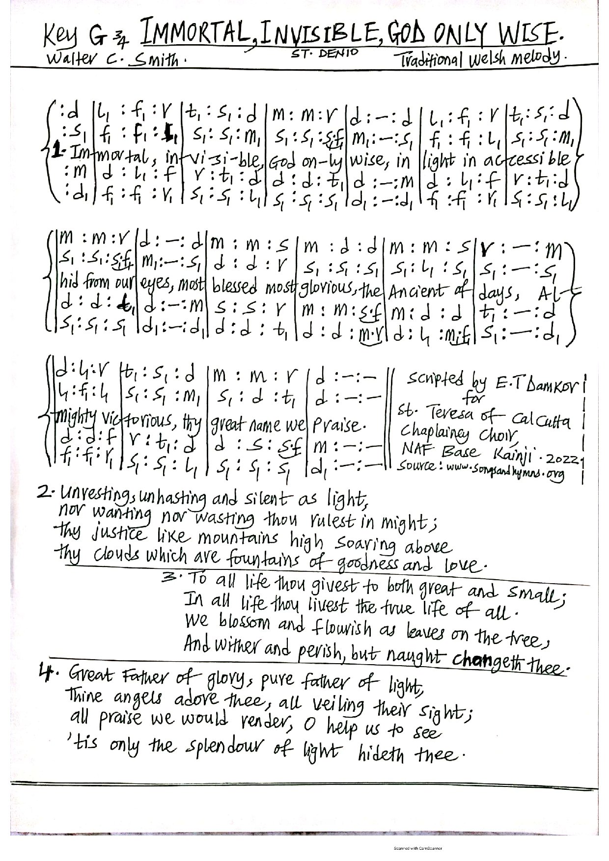 Immortal Invisible God Only Wise. - Download Choir Script PDF