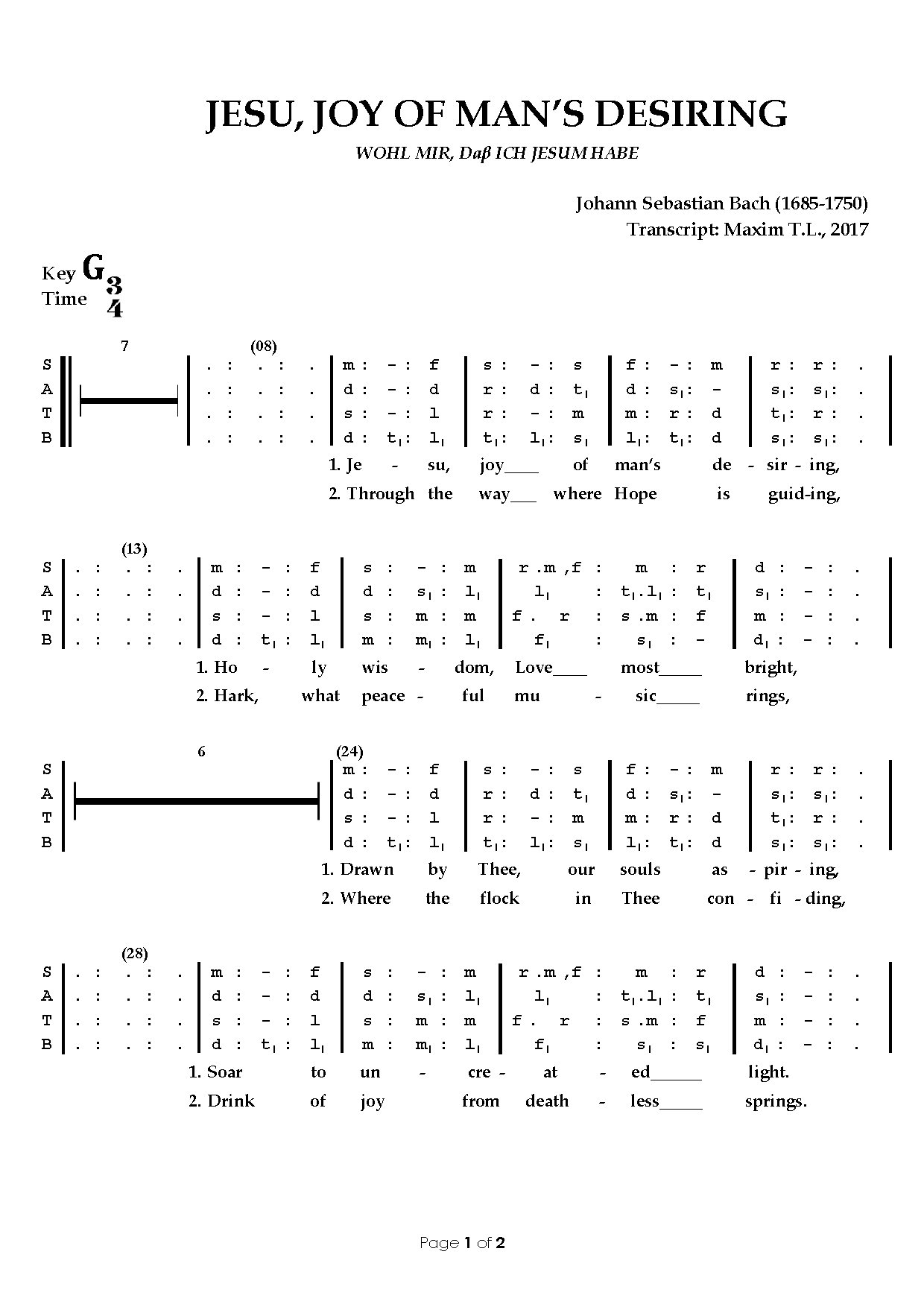 Jesu, Joy Of Man's Desiring - Download Choir Script PDF