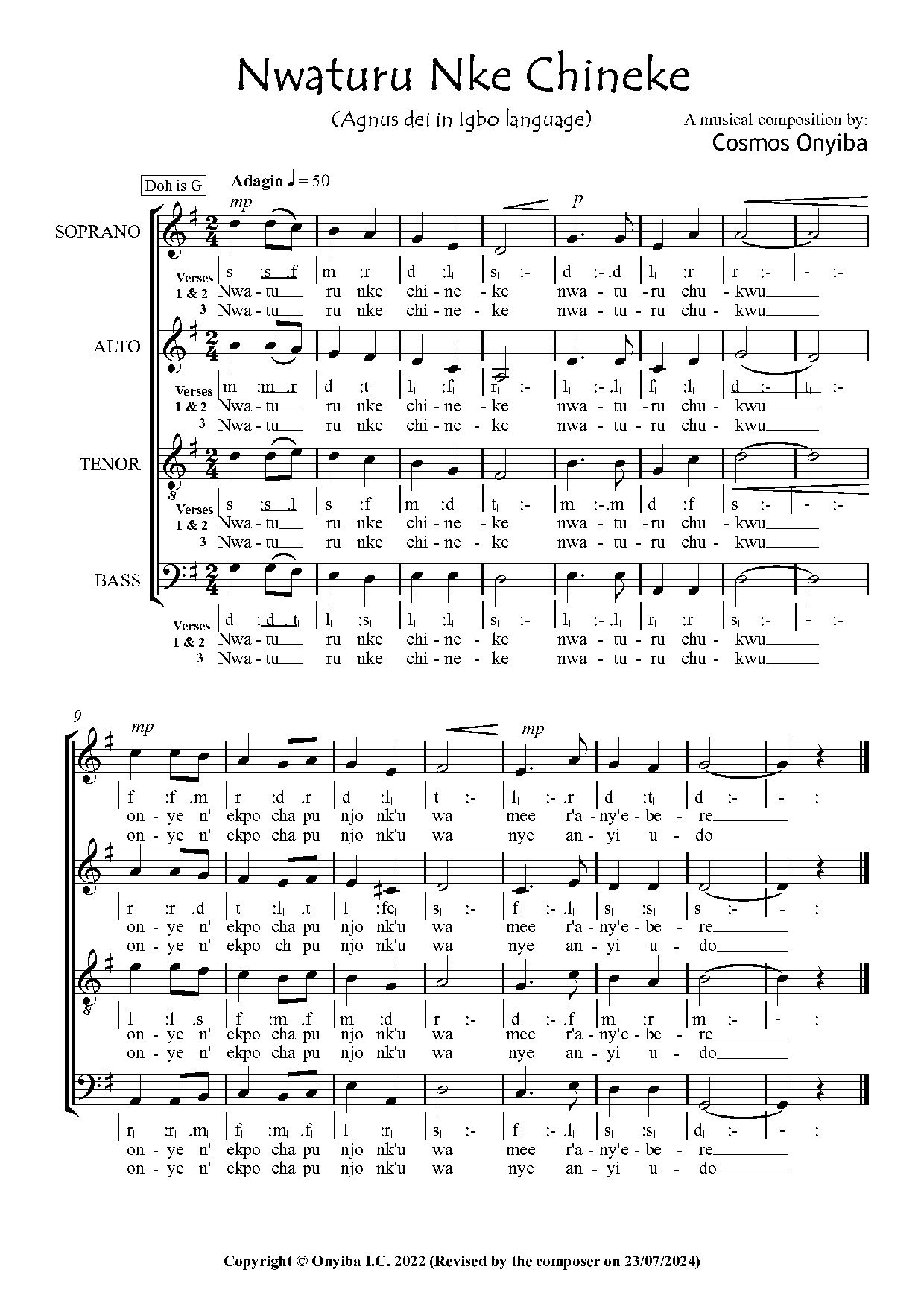 Nwaturu Nke Chineke (revised) By Cosmos Onyiba - Download Choir Script PDF