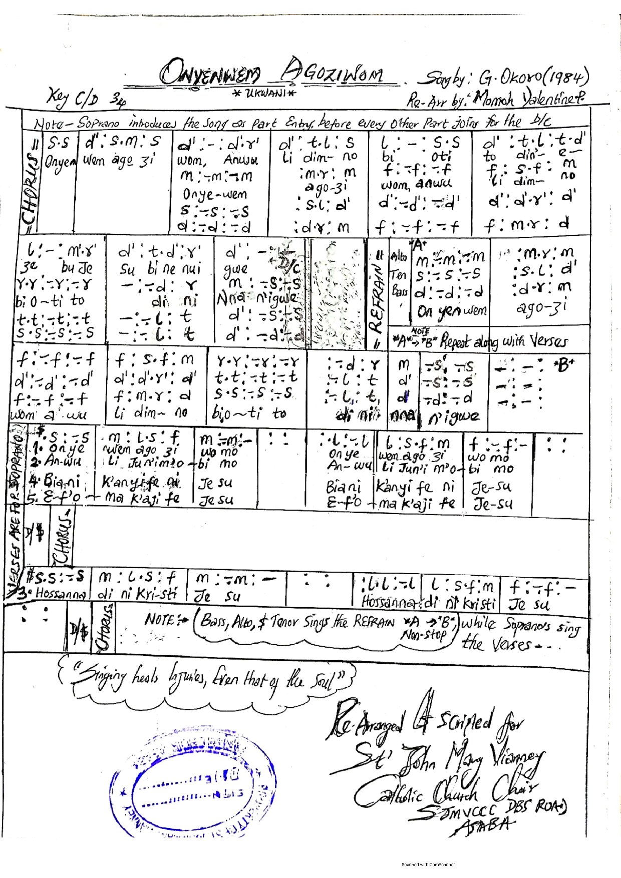Onyewem Agoziwom - G. Okoro Arr. By Momoh Valentine - Download Choir Script PDF