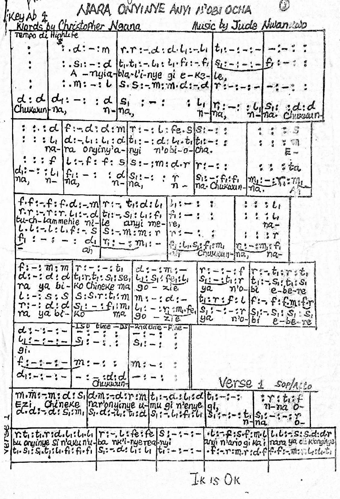 Nara Onyinye Anyi N-obi Ocha- - Download Choir Script PDF