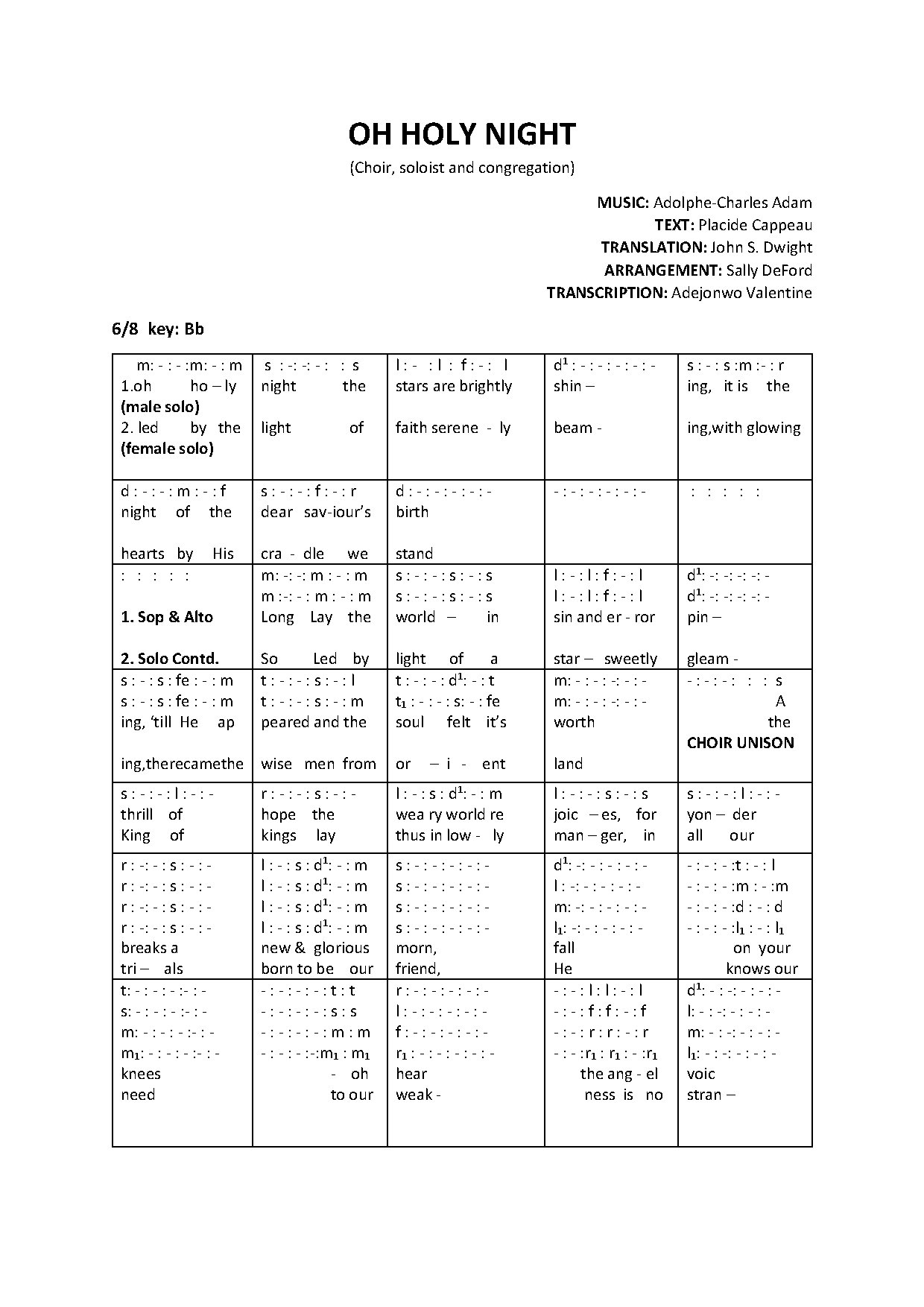 Oh Holy Night - Solo, Choir And Congrgation - Download Choir Script PDF
