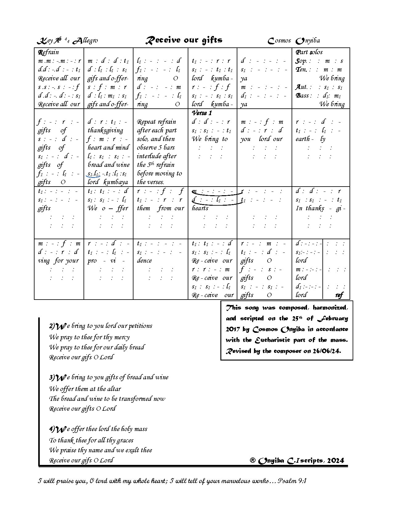 Recieve Our Gifts (revised) By Cosmos Onyiba - Download Choir Script PDF