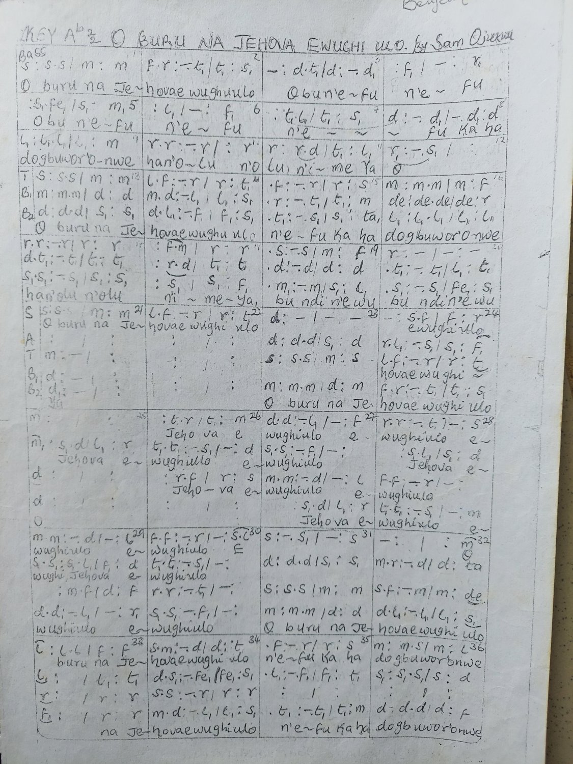 Oburu Na Jehova Ewughi Ulo By Sam Ojukwu - Download Choir Script PDF