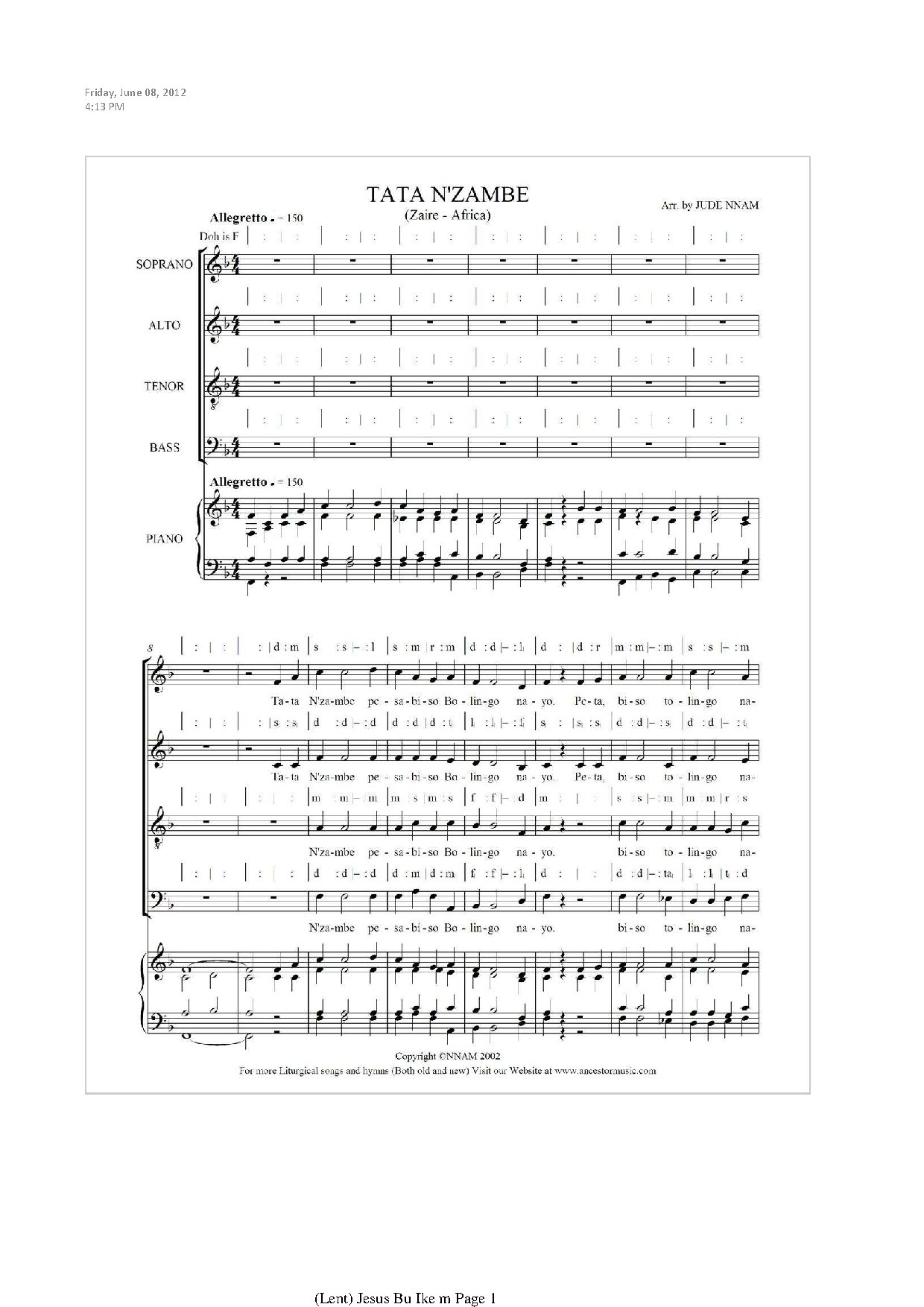 Tata N Zambe (zaire Offertory) ~ Arr. Jude Nnam - Download Choir Script PDF