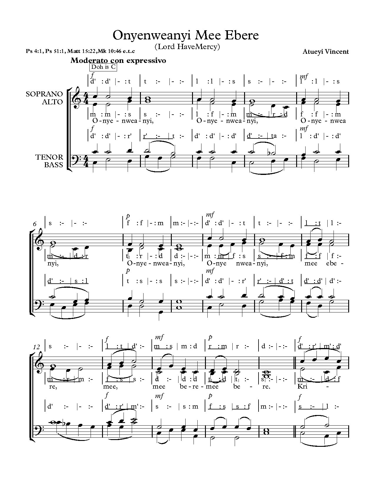 Onyenweanyi Mee Ebere Project - Full Score - Download Choir Script PDF
