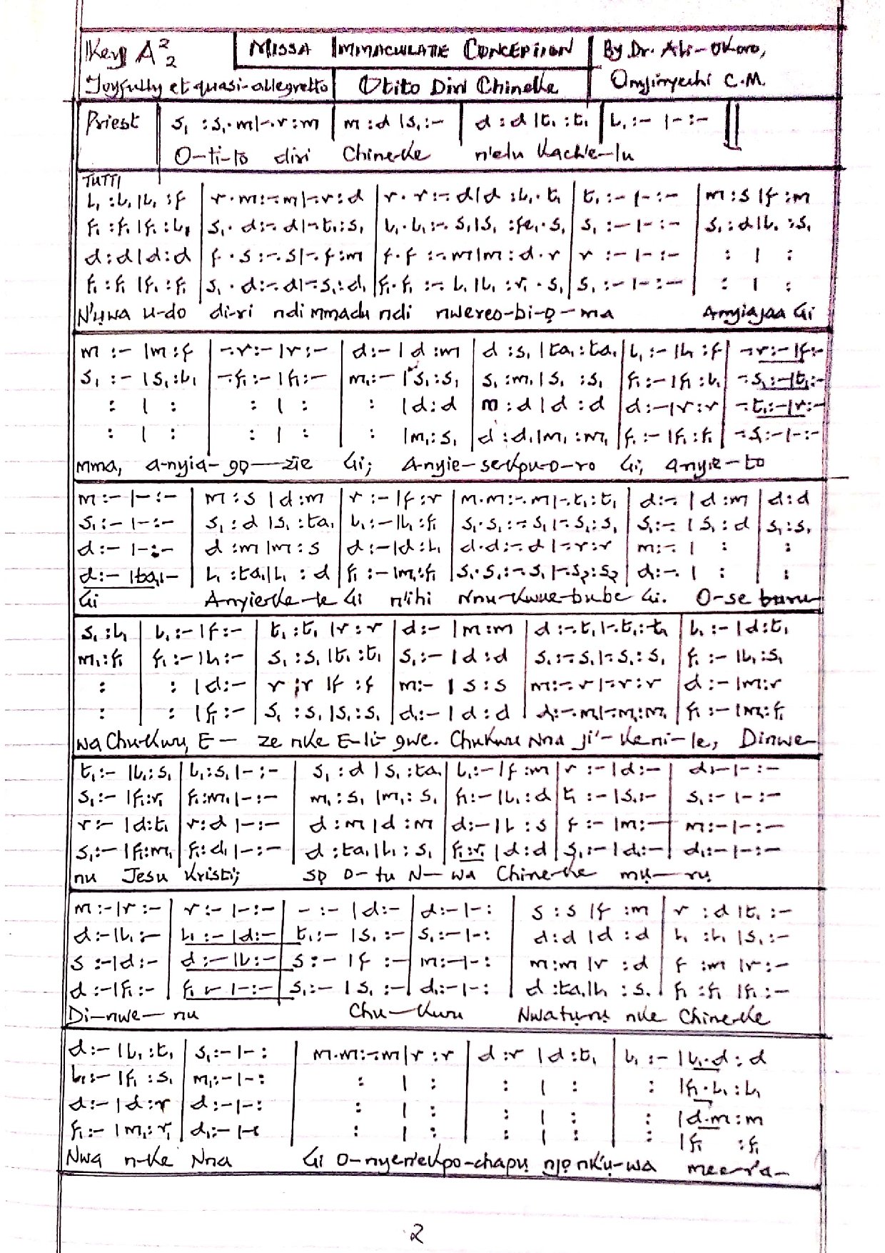 Otito Diri Chineke (missa Immaculate Conception) By Dr. Ali-okoro - Download Choir Script PDF