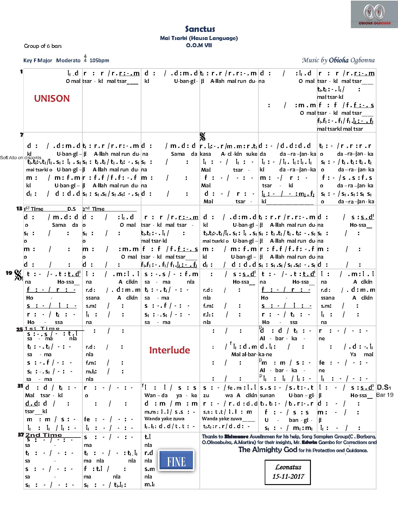 Sanctus - Ogbonna-obioha - Download Choir Script PDF