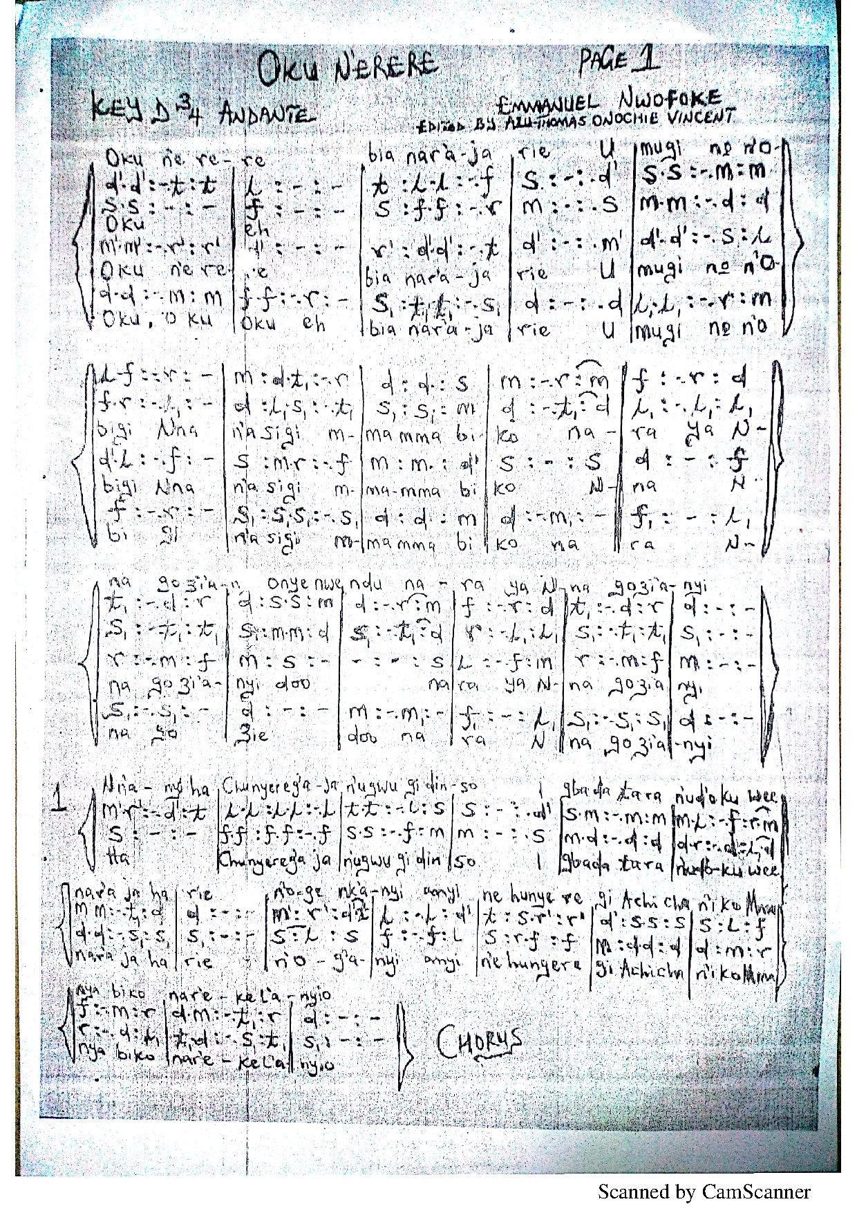 Oku N'erere By Emmanuel - Download Choir Script PDF