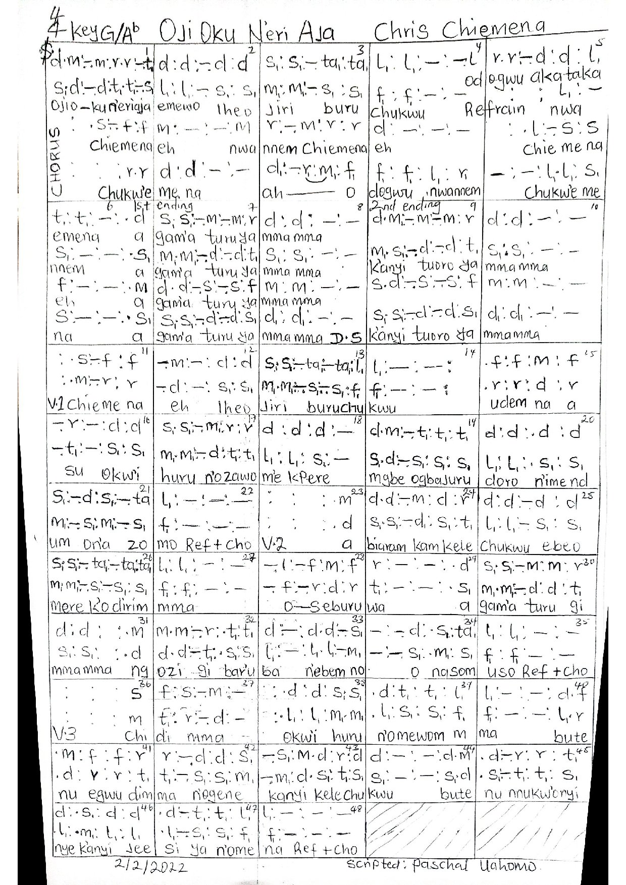 Oji Oku Neri Aja - Download Choir Script PDF