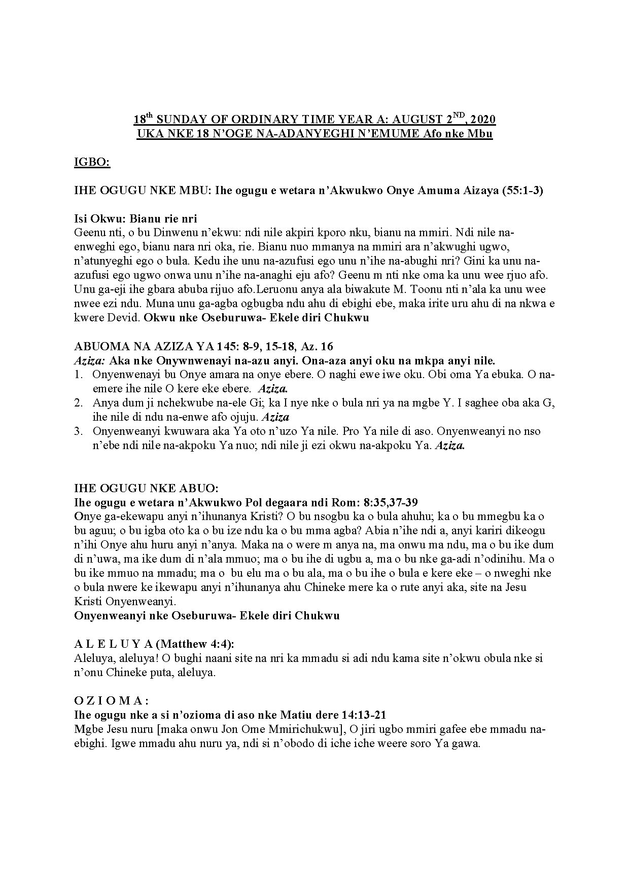 Readings (igbo & English) Sunday-august 2nd - Download Choir Script PDF