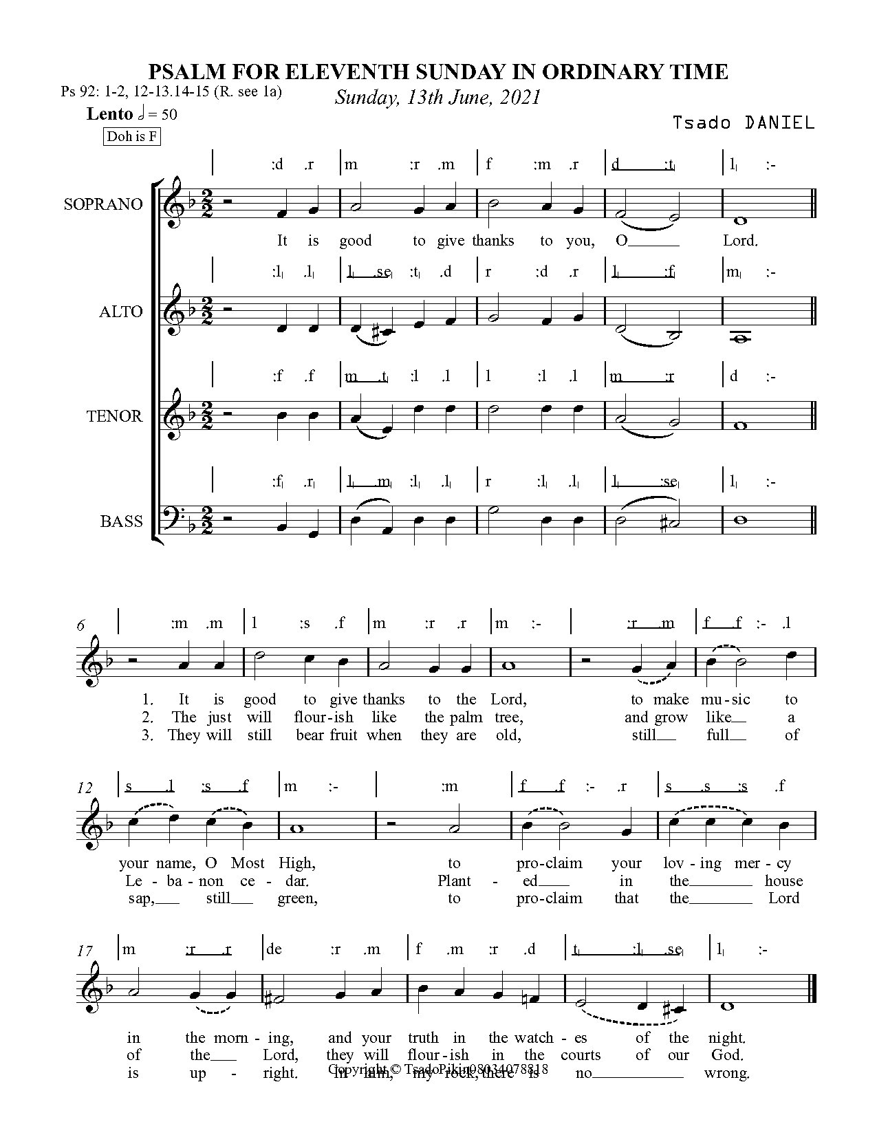 Psalm For Eleventh Sunday In Ordinary Time - Tsado Daniel - Download Choir Script PDF