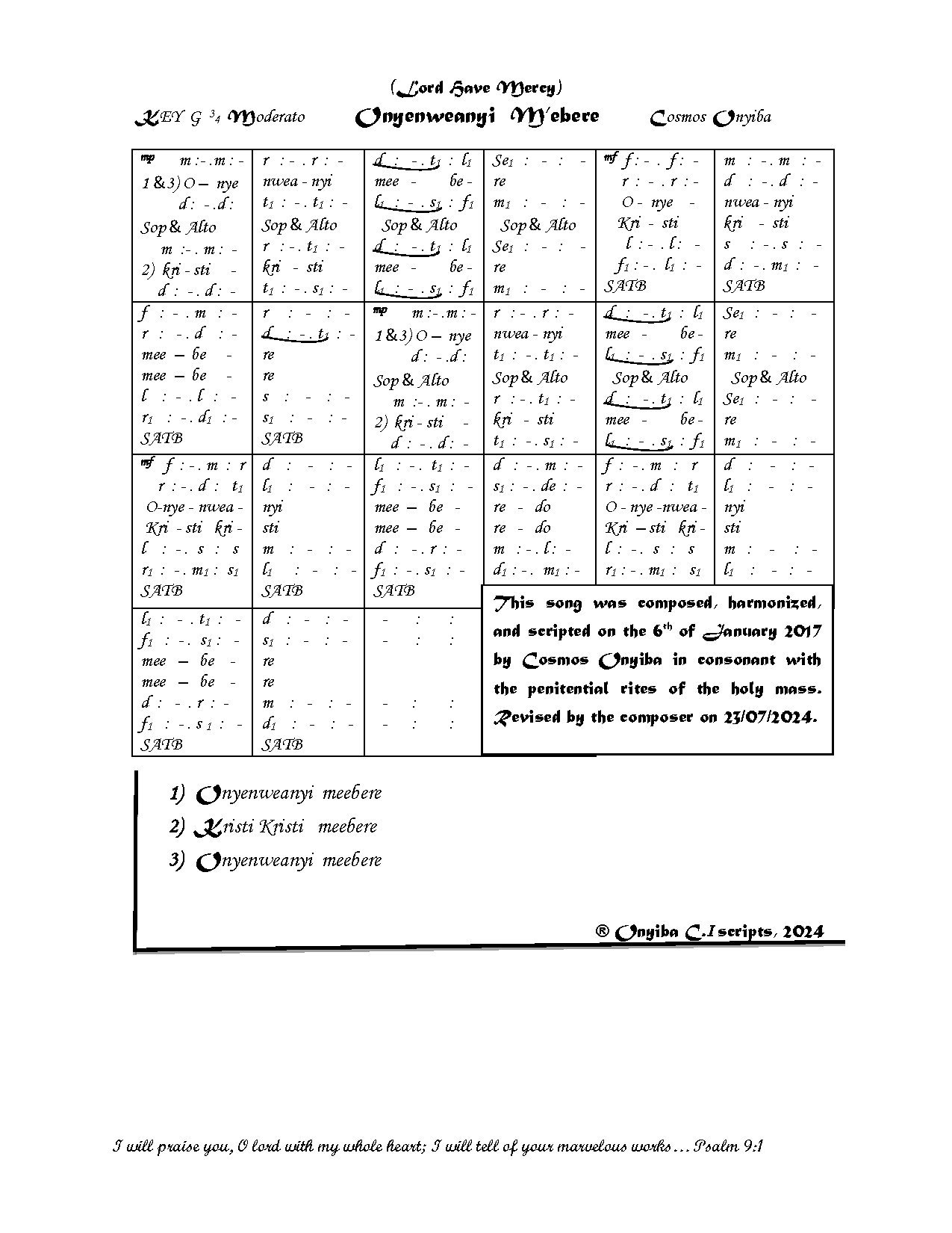 Onyenweanyi Meebere (revised) By Cosmos Onyiba - Download Choir Script PDF