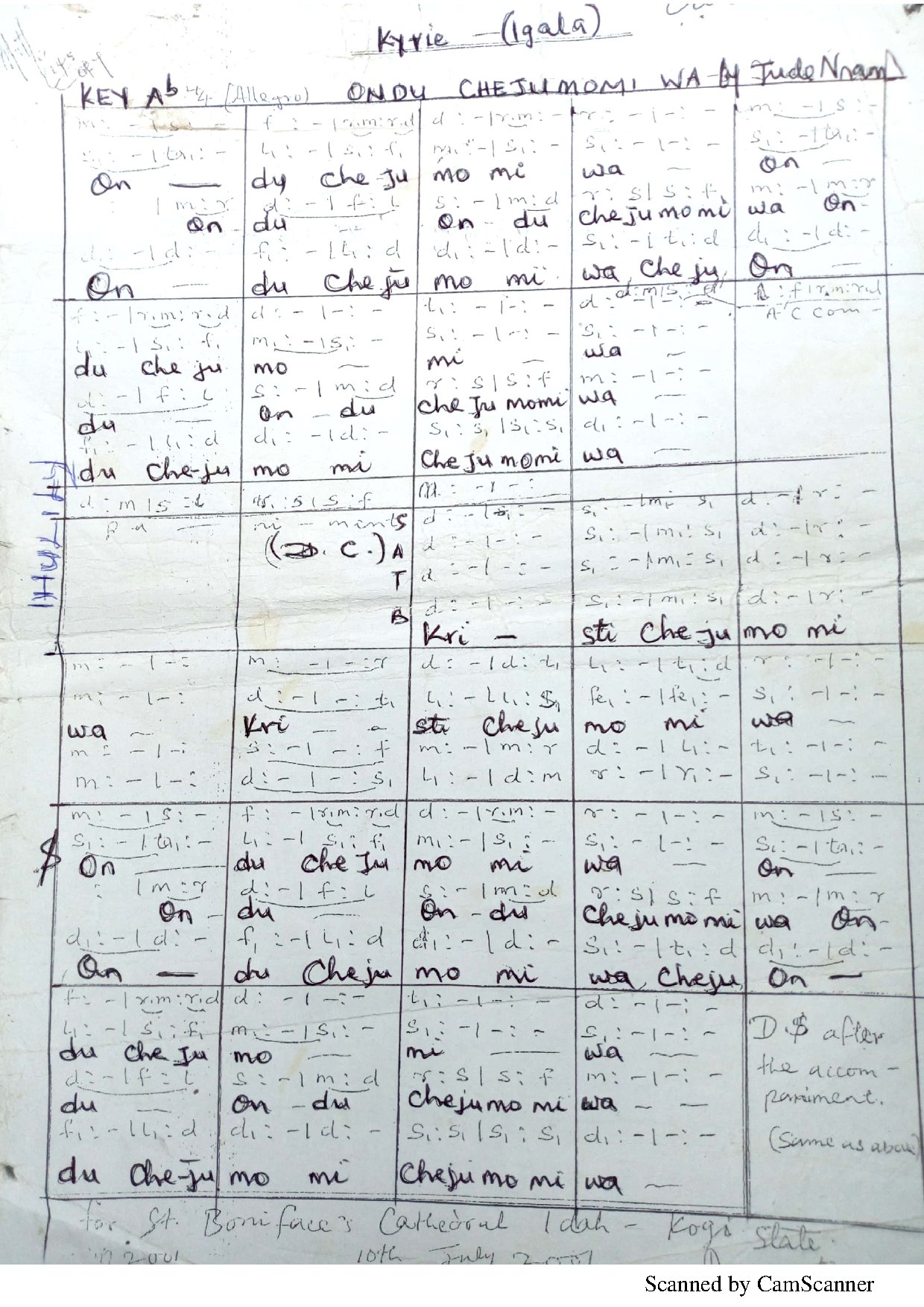 Ondu Cheju Momi Wa - Jude Nnam - Download Choir Script PDF