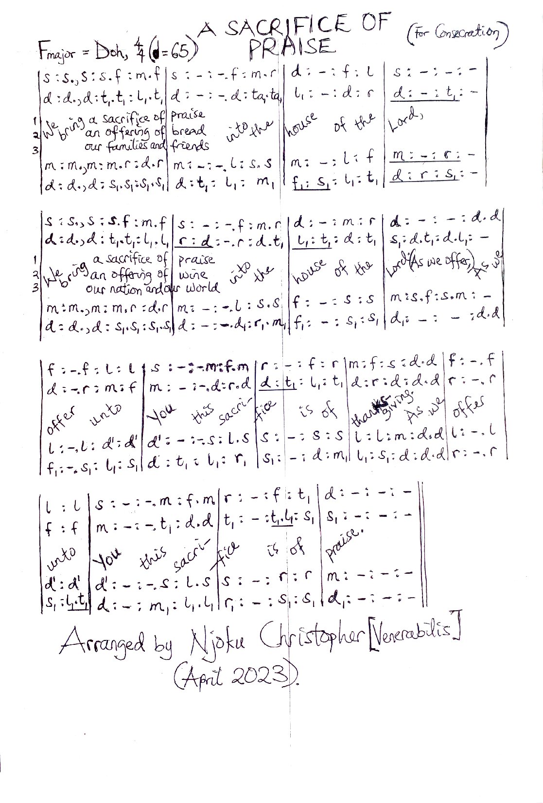 Sacrifice Of Praise Arranged By Christopher Njoku 1 - Download Choir Script PDF