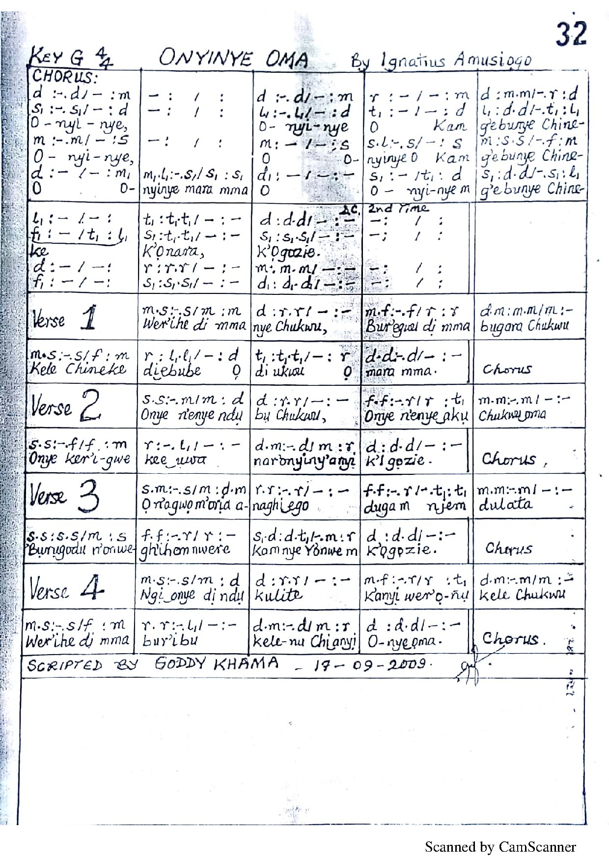 Onyinye Oma ~ Ignatius Amusiogo - Download Choir Script PDF