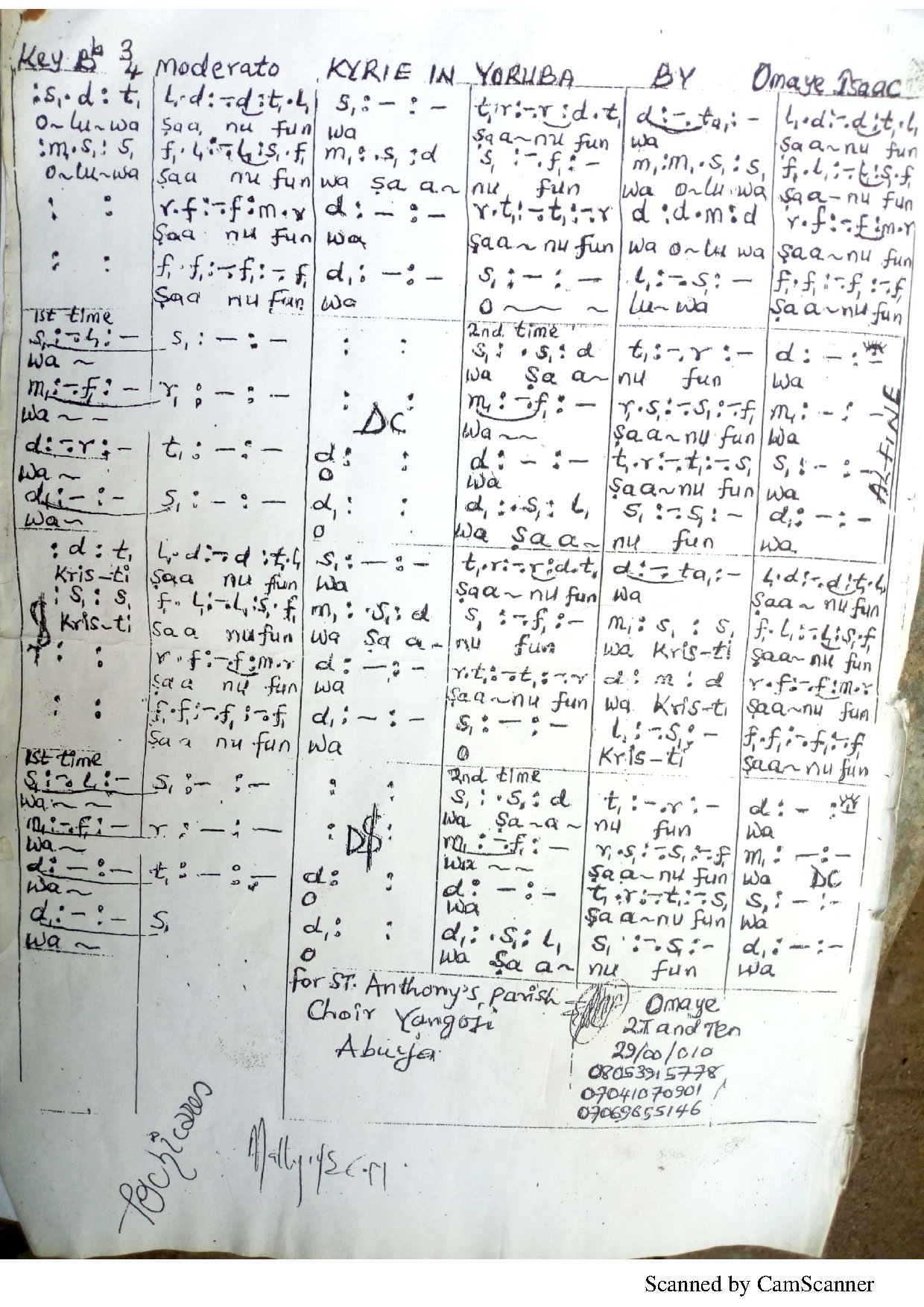 Oluwa Saanu - Download Choir Script PDF