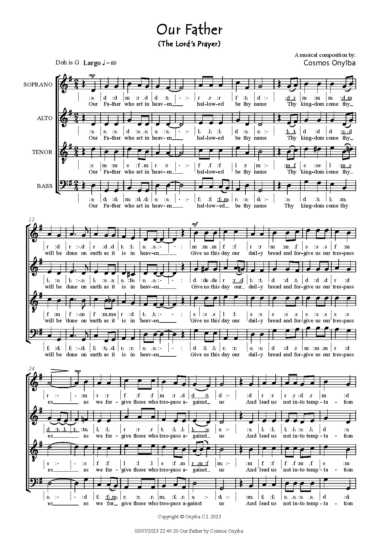 Our Fatherby Cosmos Onyiba - Download Choir Script PDF