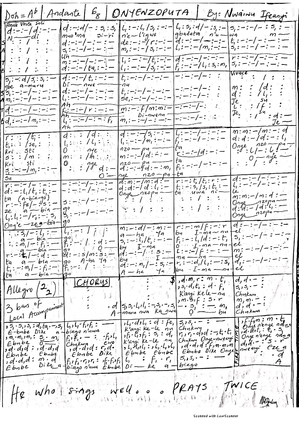 Onyenzoputa (nwaiwu Ifeanyi) - Download Choir Script PDF