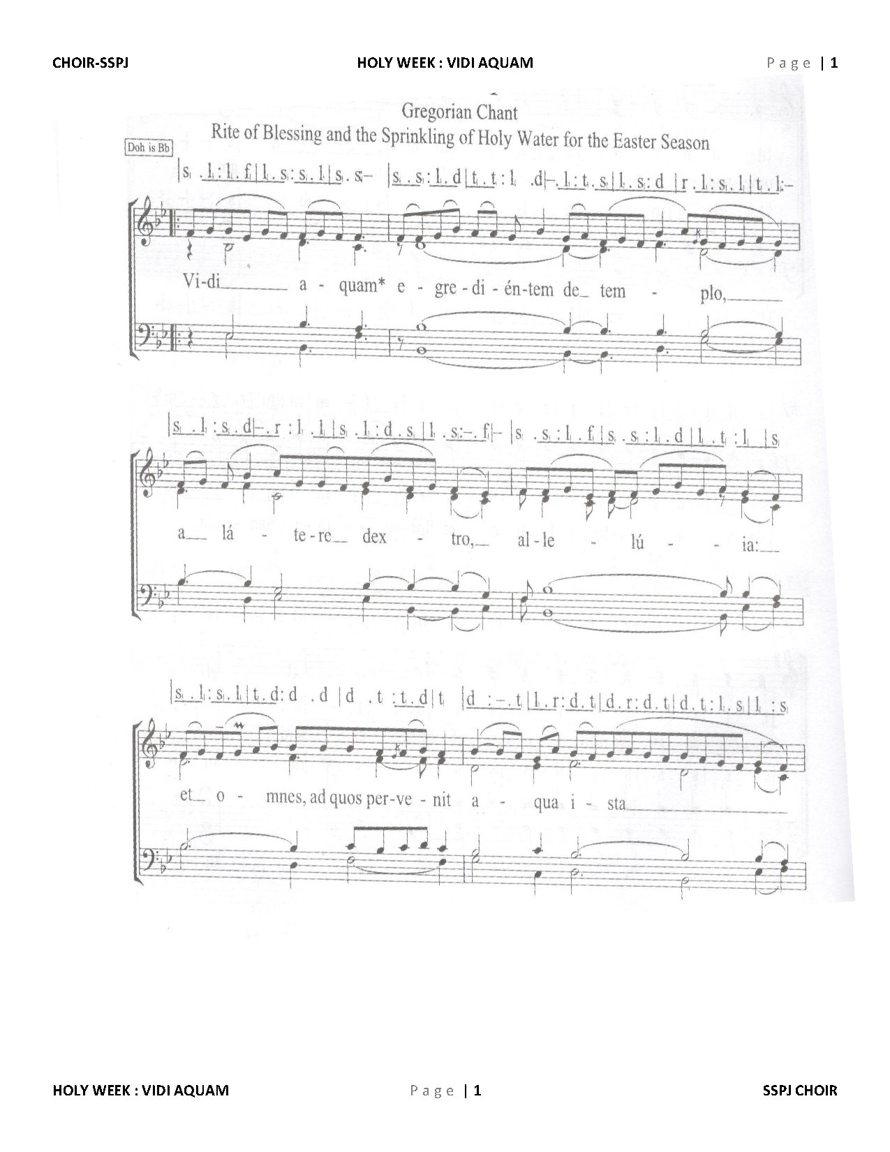 Solfa - Vidi Aquam - Holy Week - Latin - Download Choir Script PDF