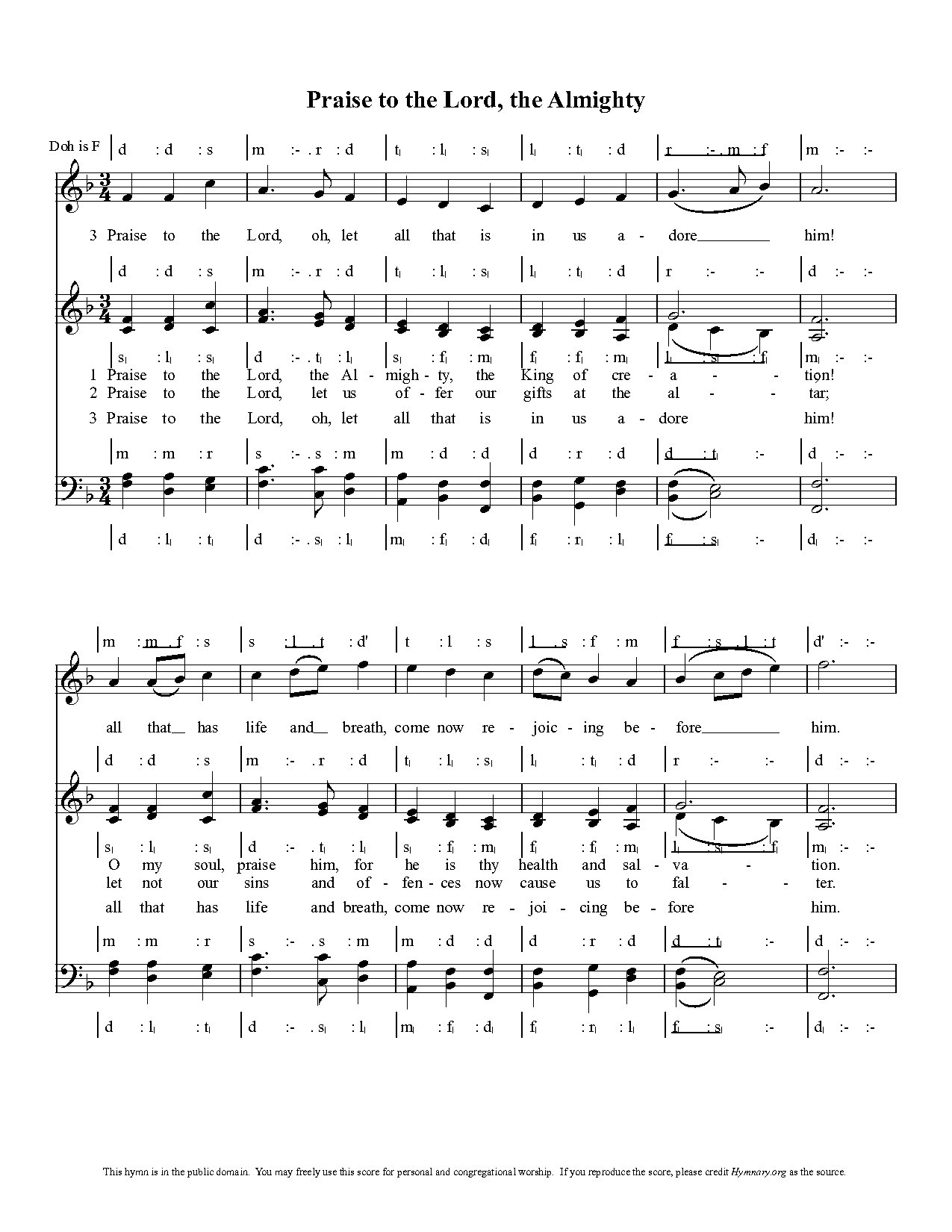 Praise To The Lord The Almighty - Full Score - Download Choir Script PDF