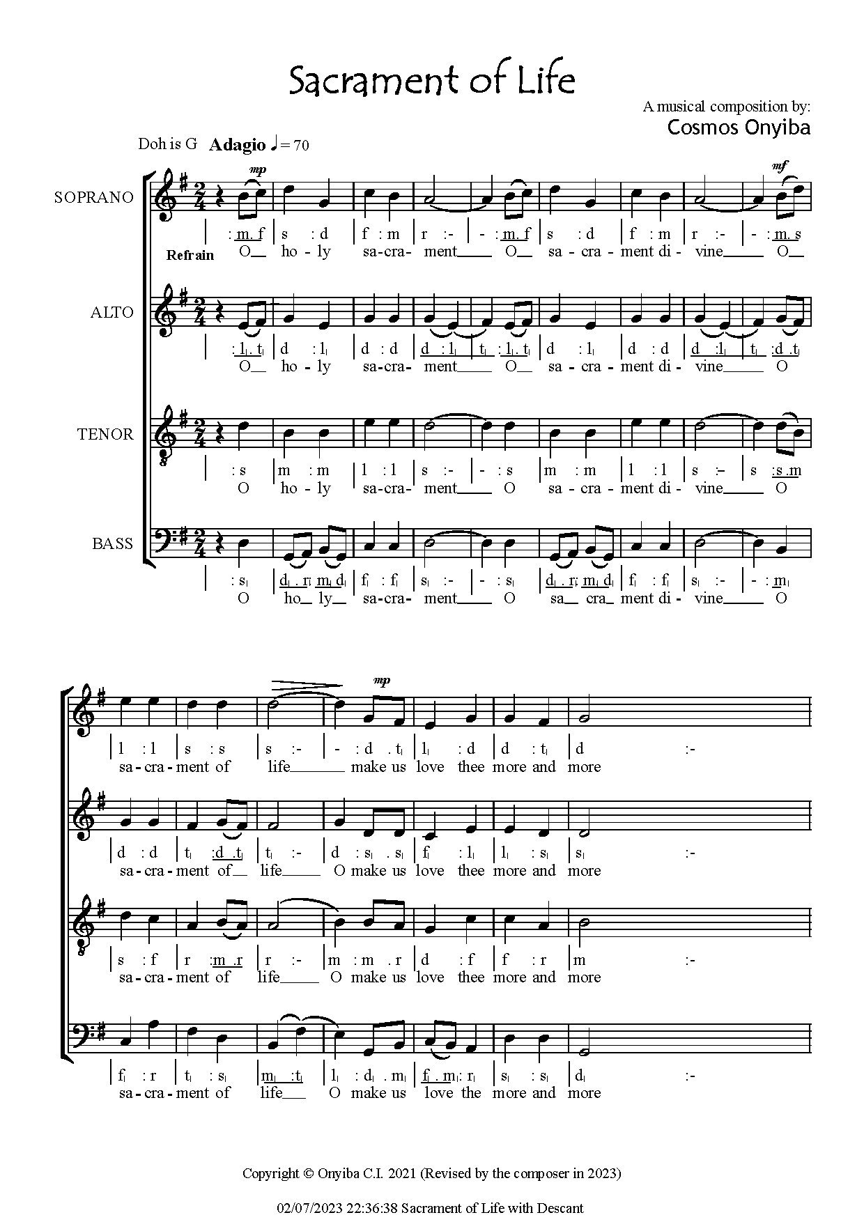 Sacrament Of Life (revised 2023) By Cosmos Onyiba - Download Choir Script PDF