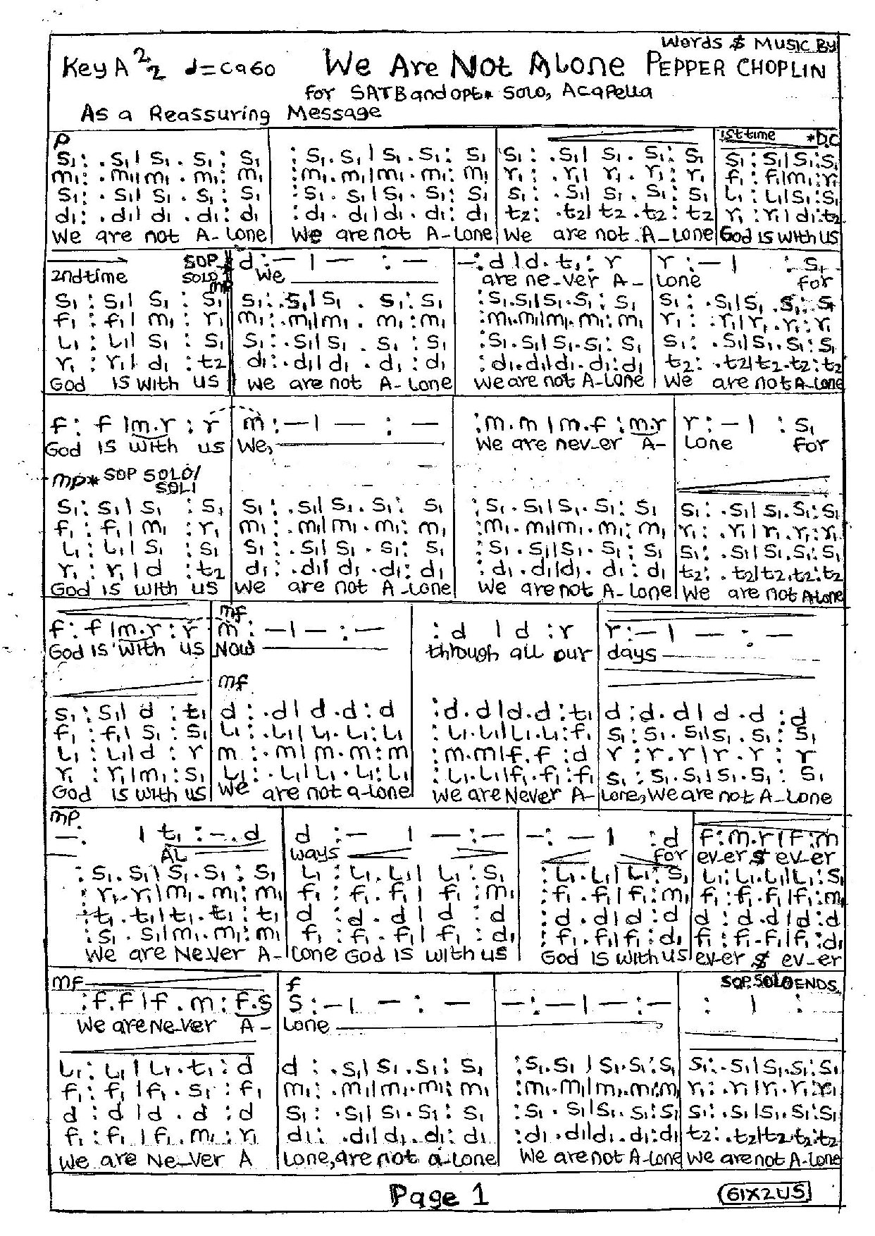 We Are Not Alone Pepper Choplin - Download Choir Script PDF
